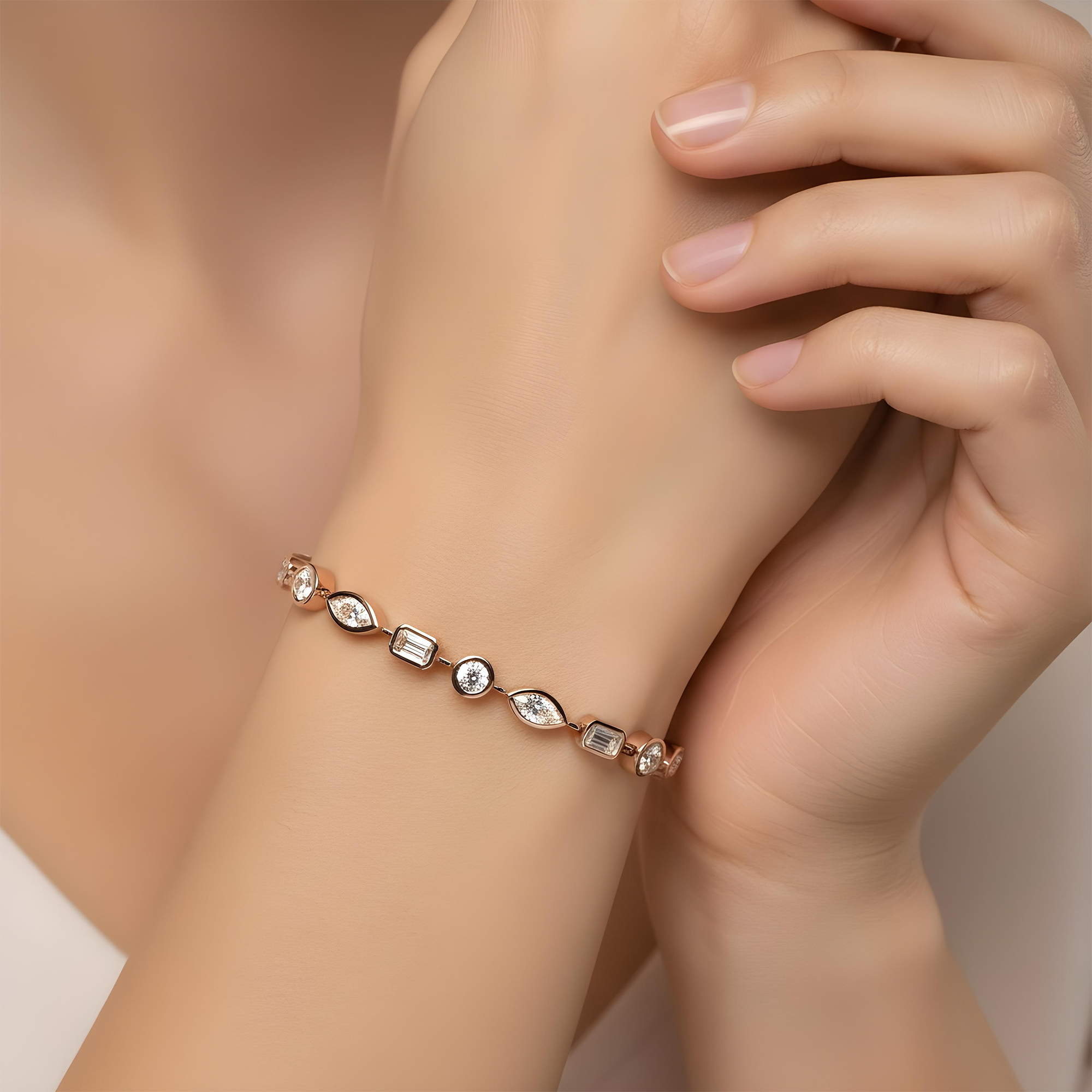 14K Yellow Gold Bezel Set Multi Cut Diamond Satellite Bracelet 4.30ct