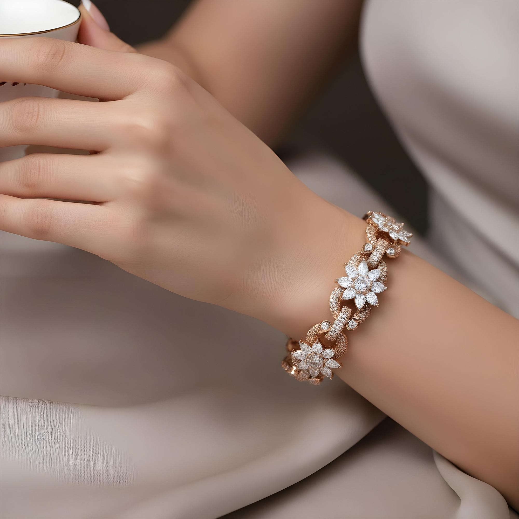 14K White Gold Round & Pear Cut Diamond Flower Bracelet 28.56ct