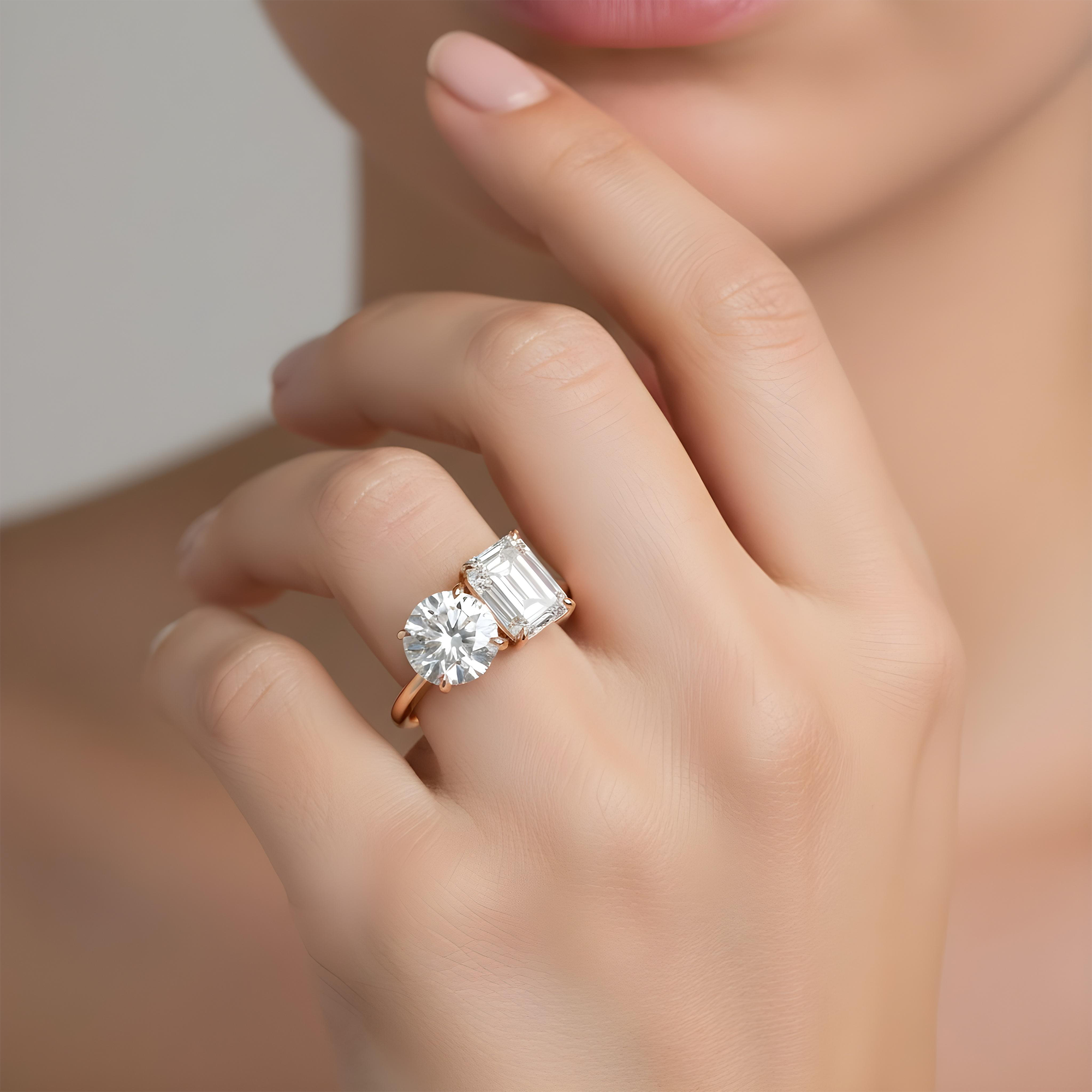 18K White Gold Round & Emerald Cut Double Diamond Toi et Moi Ring 7.52ctw