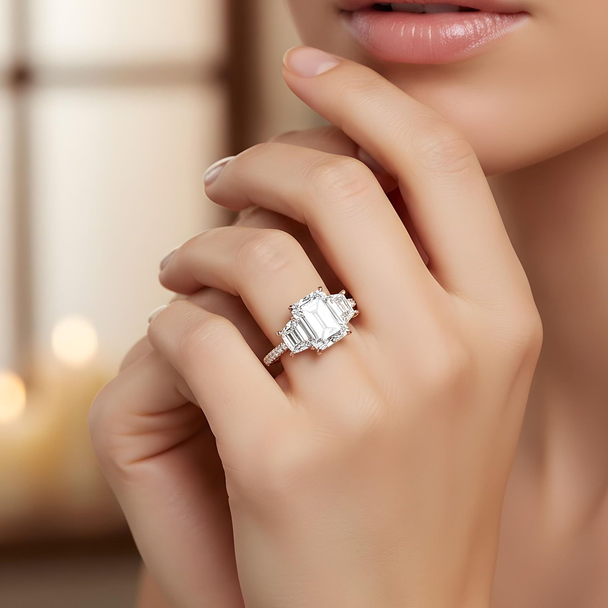 GIA Platinum 5.13ct Triple Emerald Cut Diamond Engagement Ring 6.43ctw