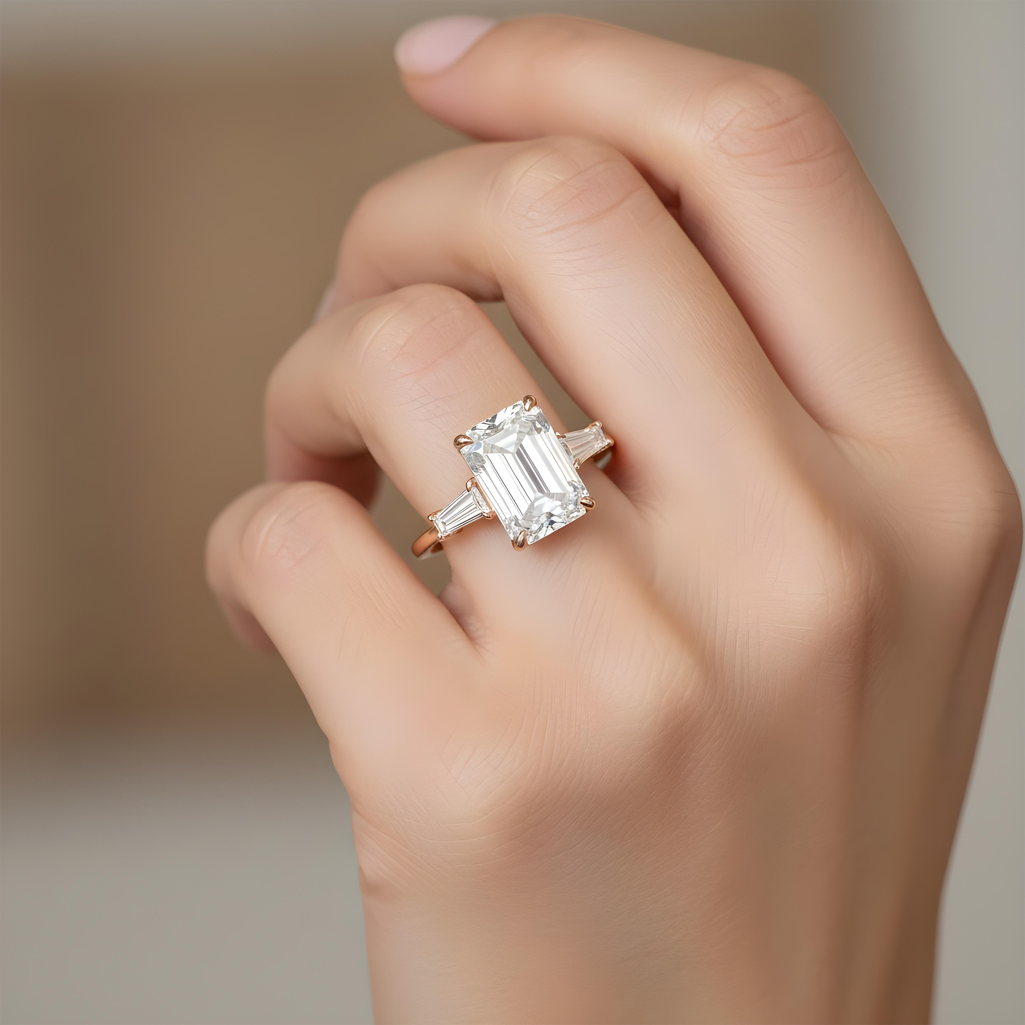 Platinum 4.73ct Emerald Cut Triple Diamond Engagement Ring 5.15ctw