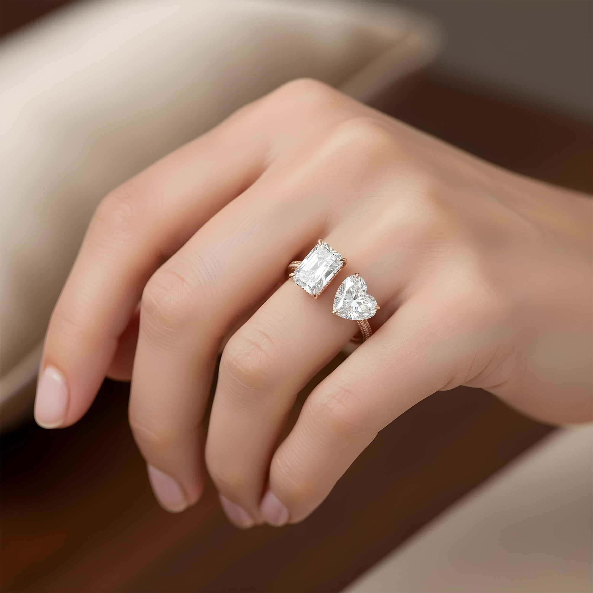 18K White Gold Heart & Radiant Cut Diamond Toi et Moi Ring 8.34ctw