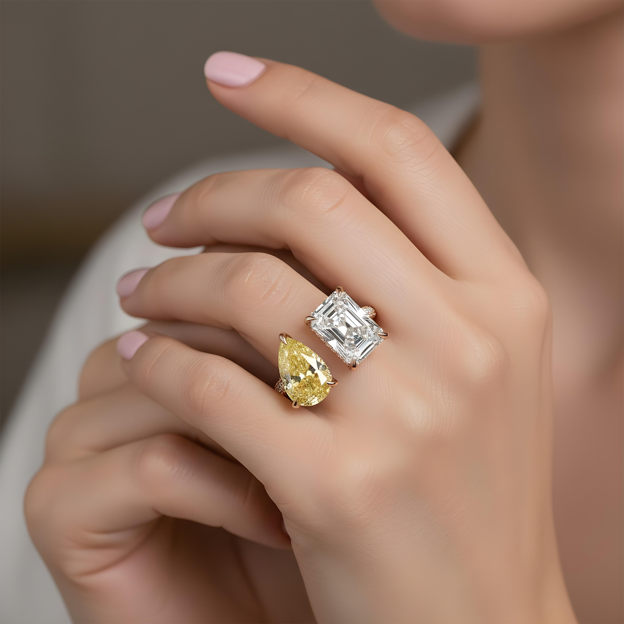 18K White Gold Radiant Cut & Fancy Yellow Pear Cut Diamond Toi et Moi Ring 8.25ctw