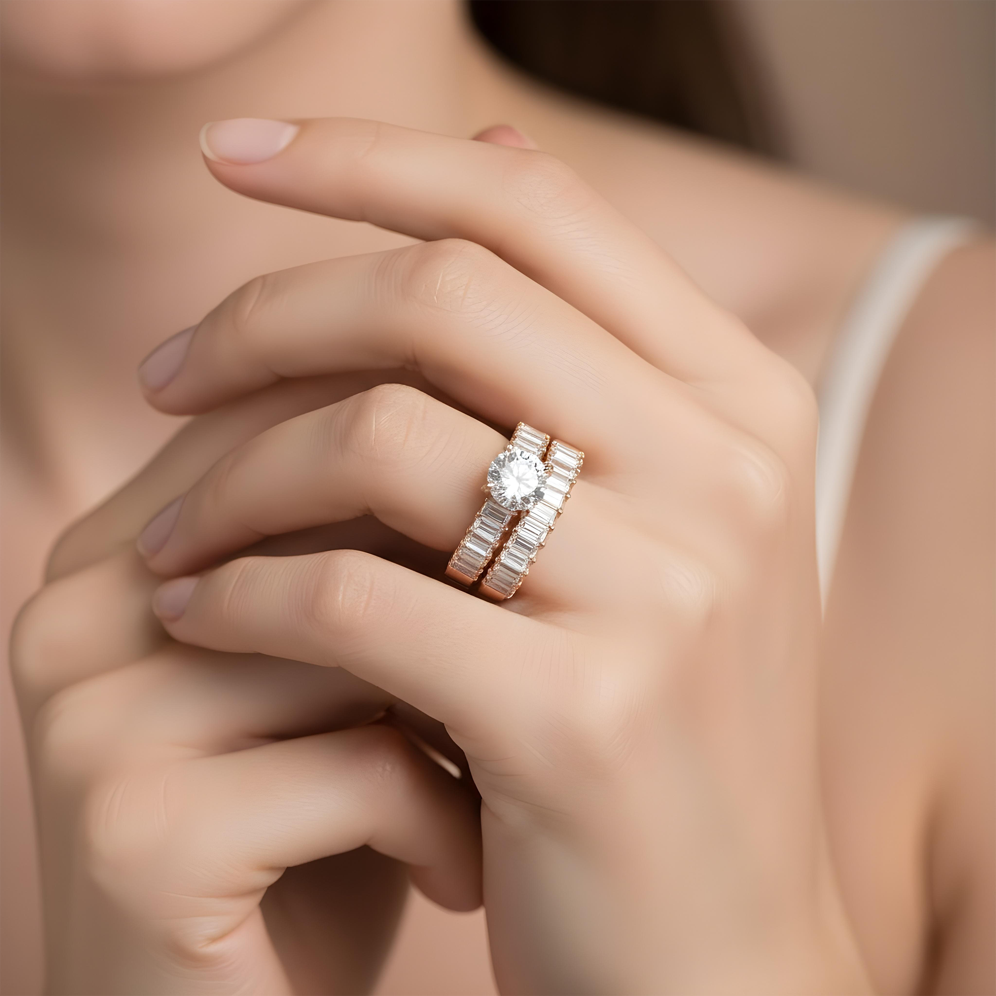 18K White Gold Round & Baguette Diamond Engagement Ring & Wedding Band Set 2.33ctw