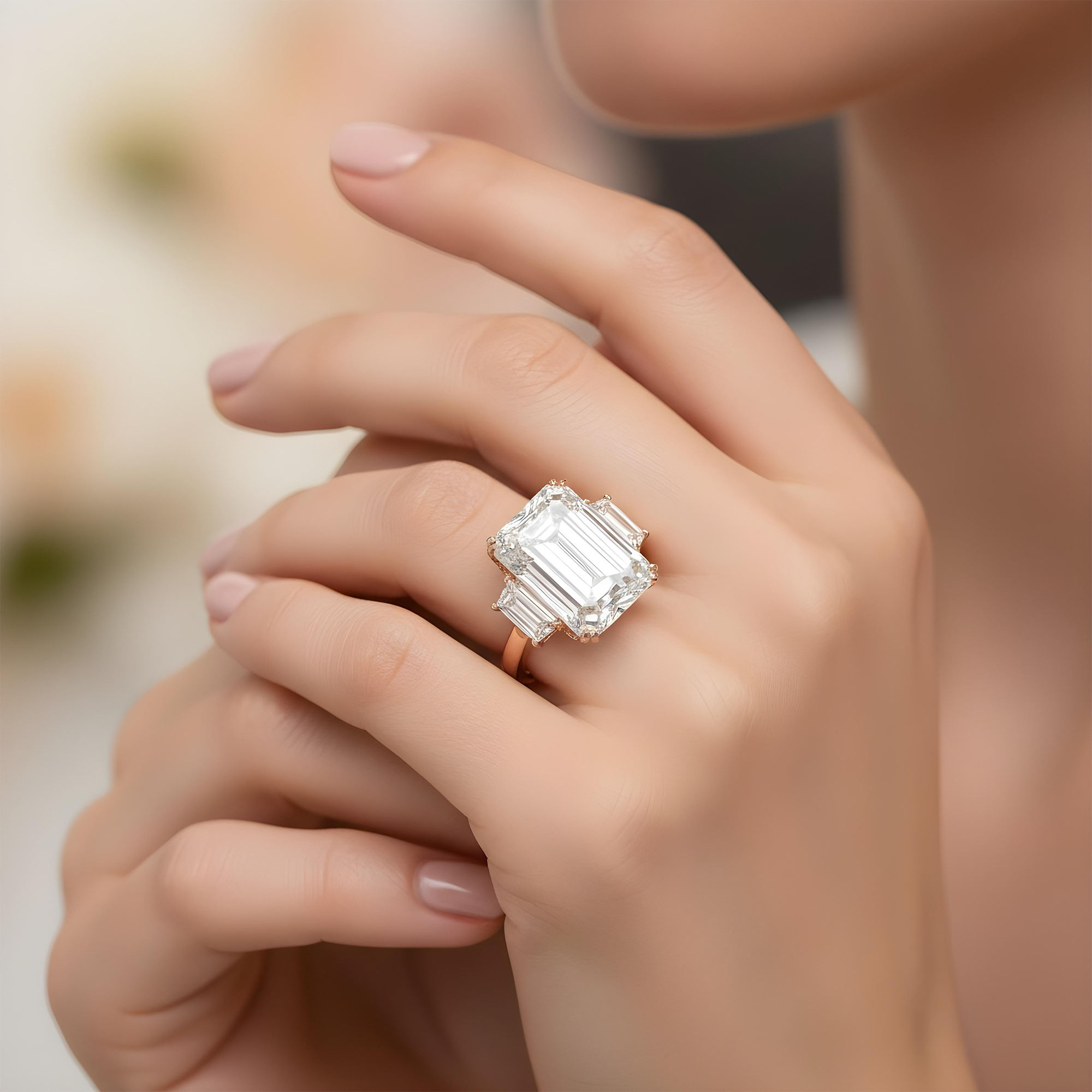 Platinum 11.03ct Emerald Cut Triple Diamond Engagement Ring 12.17ctw