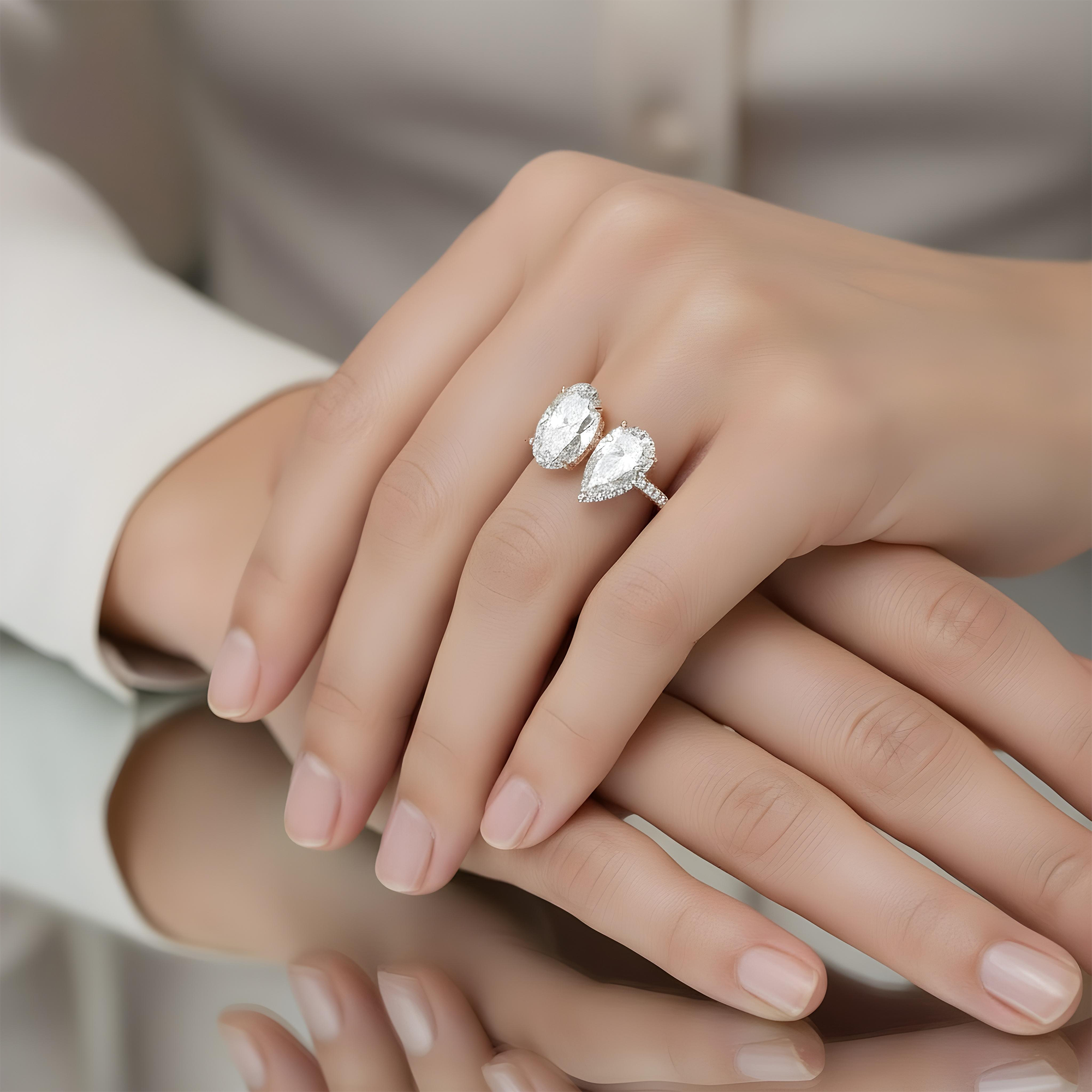 18K White Gold Oval & Pear Cut Double Diamond Toi et Moi Ring 13.07ctw