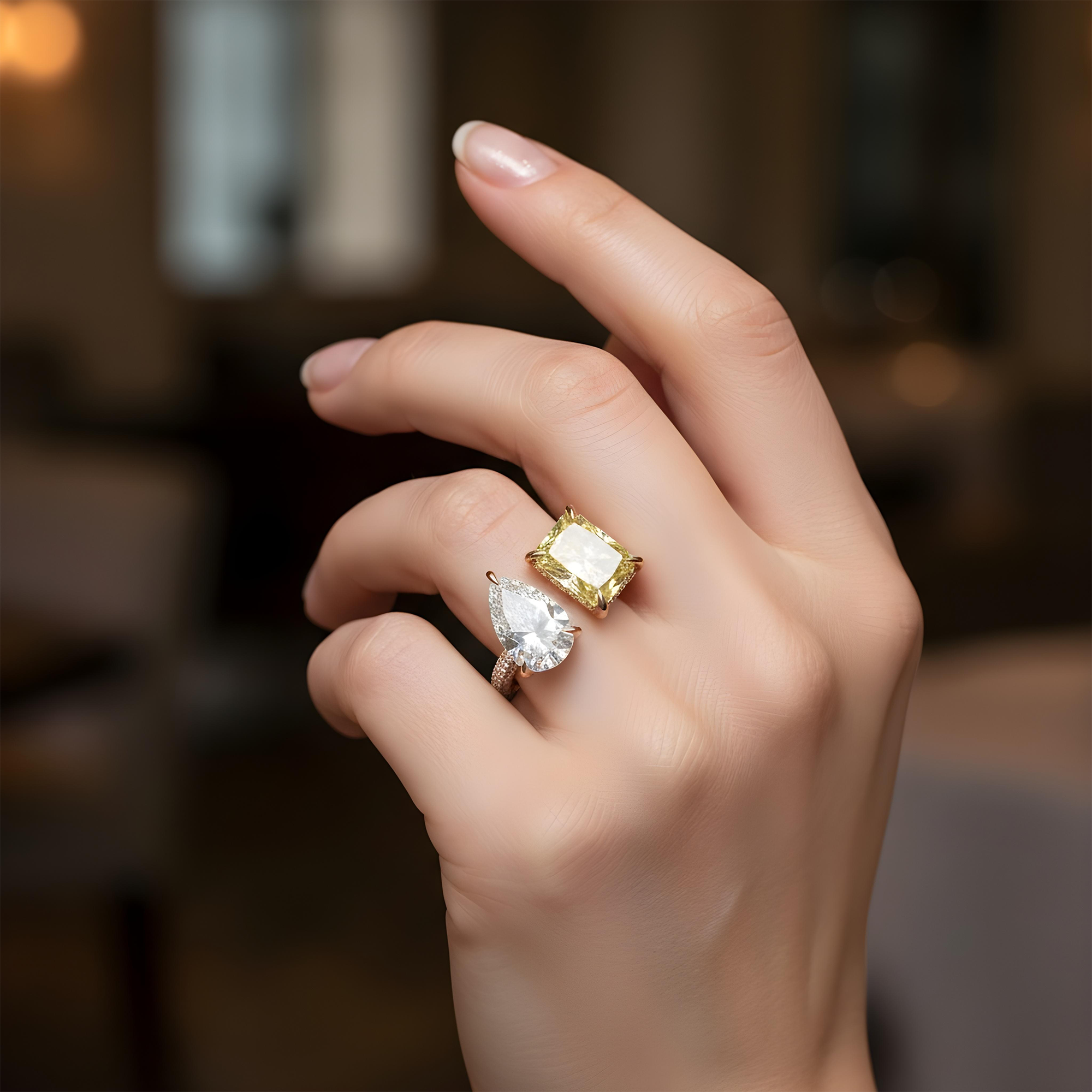 18K Yellow Gold Pear Cut & Fancy Yellow Radiant Cut Diamond Toi et Moi Ring 7.27ctw