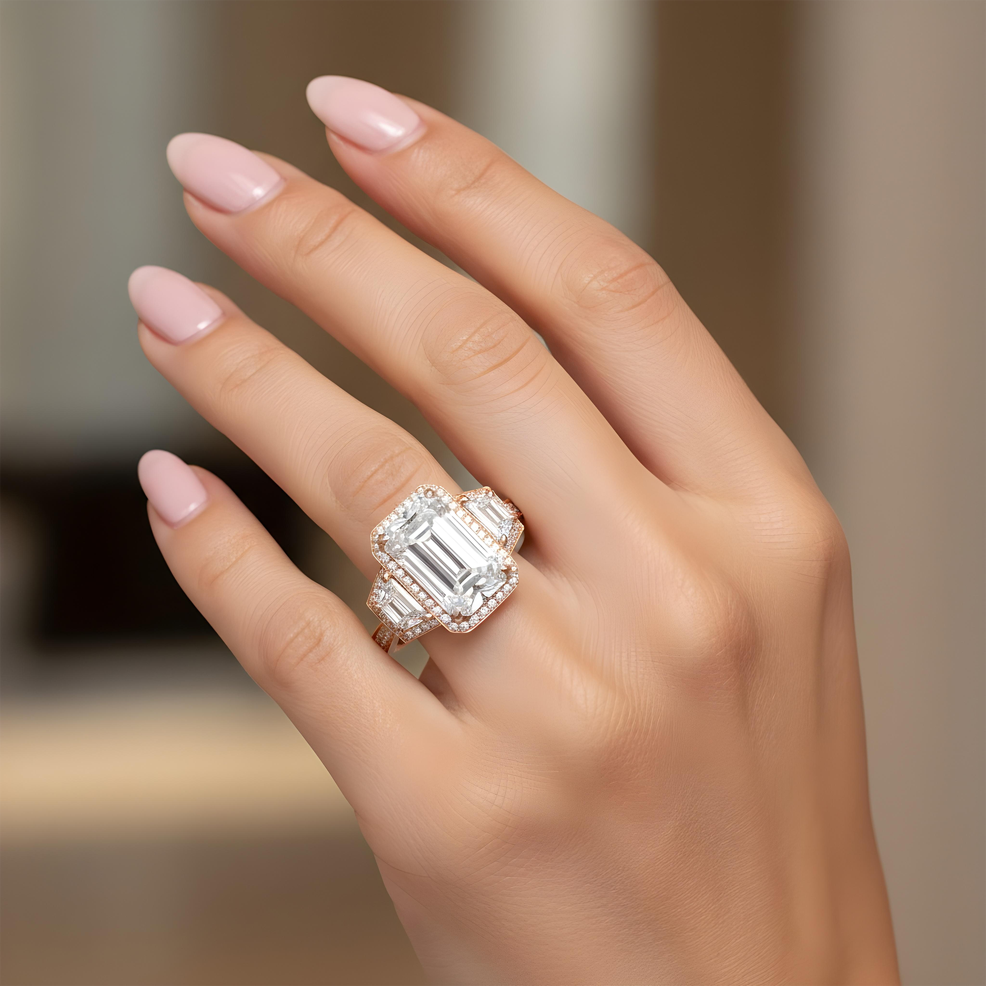 Platinum 12.32ct Emerald Cut Triple Diamond Engagement Ring 15.31ctw