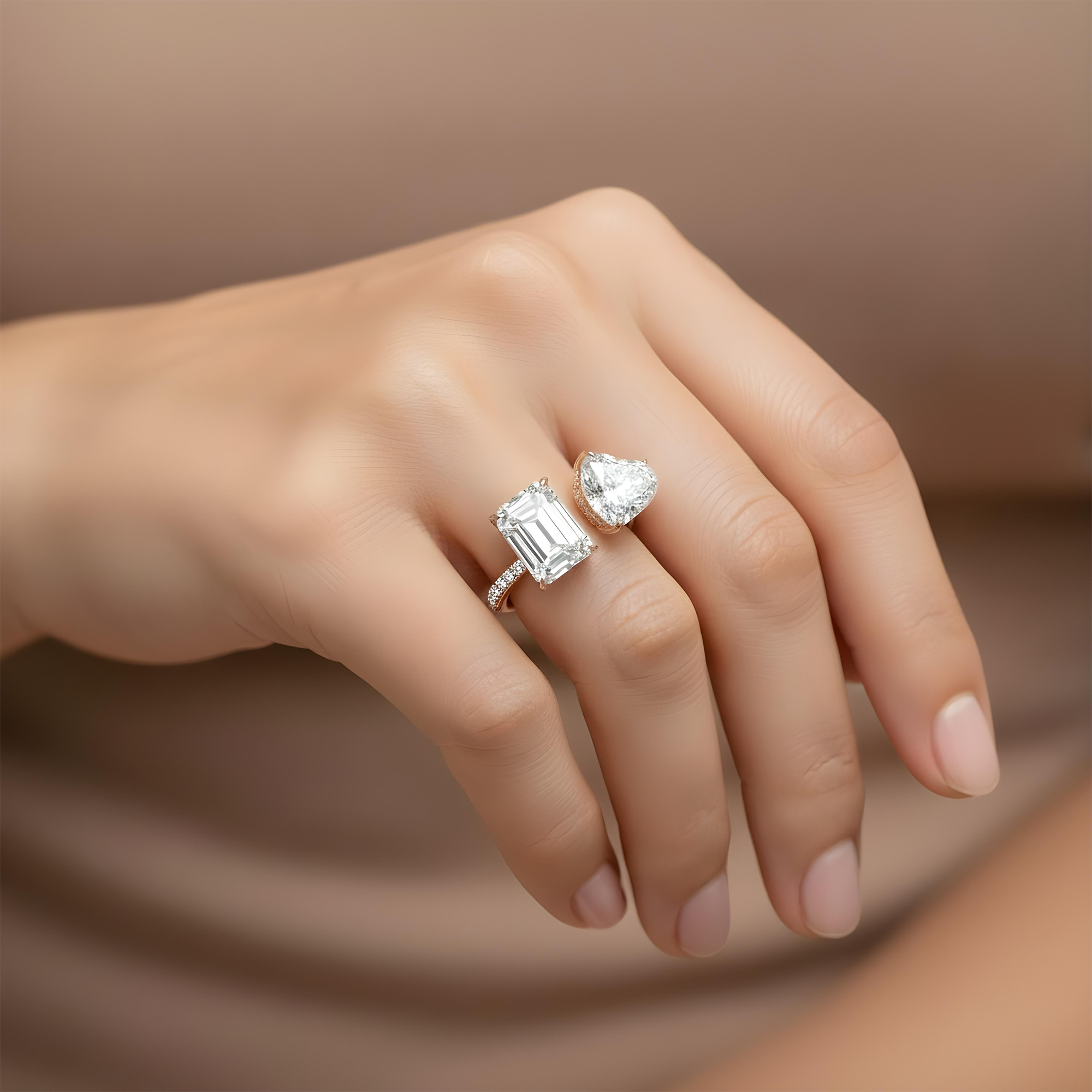 18K White Gold Emerald & Heart Cut Double Diamond Toi et Moi Ring 17.64ctw