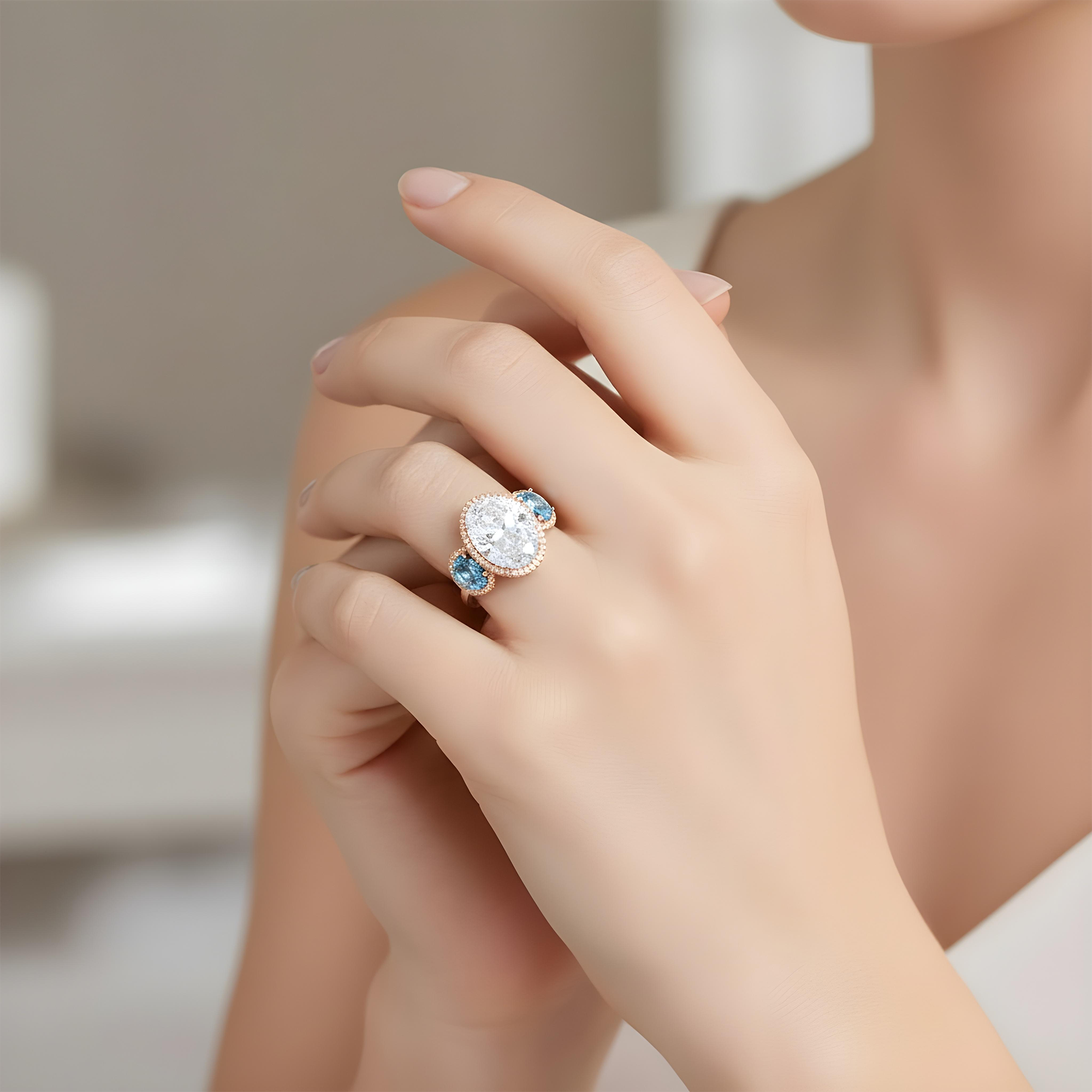 Platinum 13.14ct Oval Cut White & Fancy Blue Triple Diamond Ring 18.15ctw