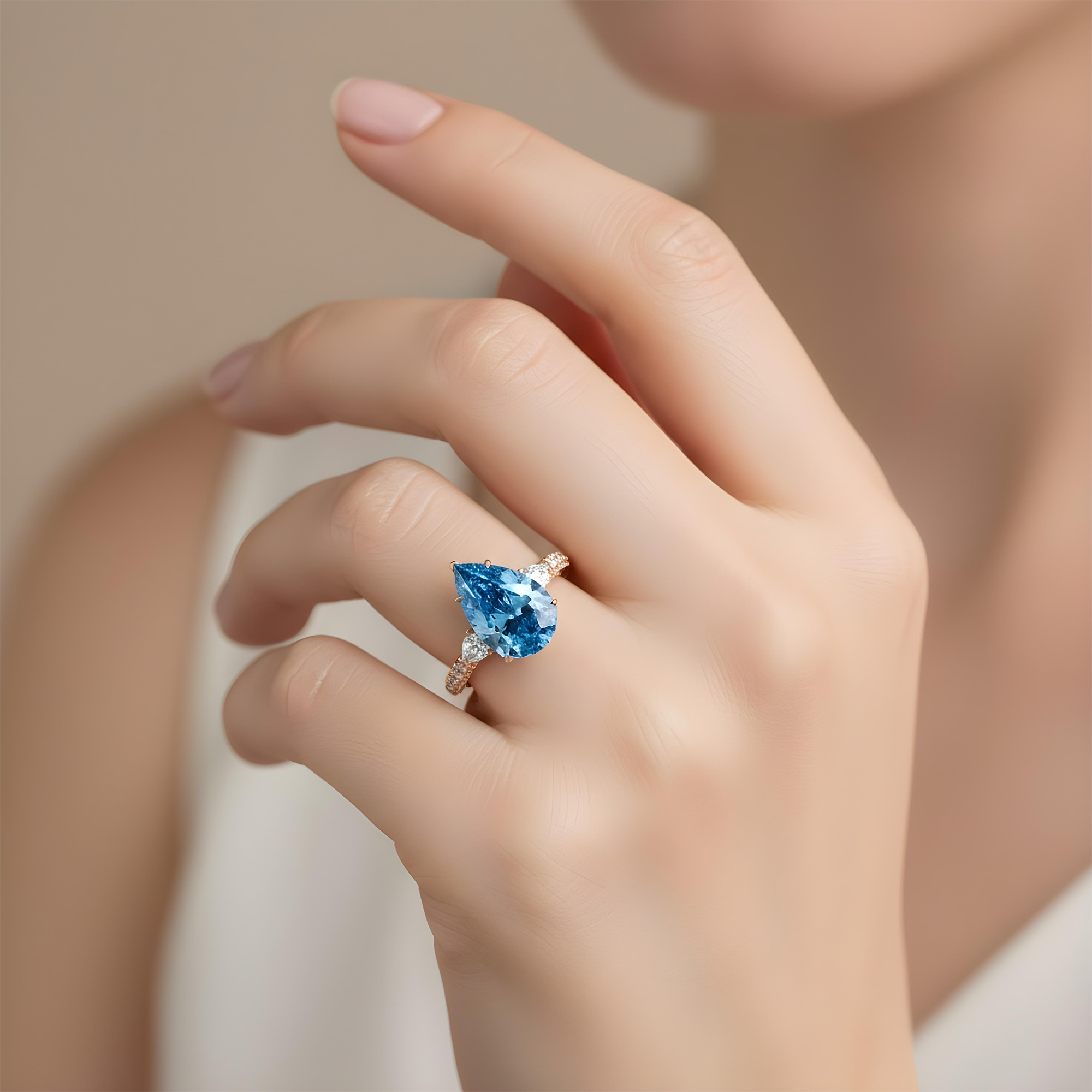 18K White Gold 10.10ct Pear Cut Fancy Blue Vivid Diamond Ring 12.90ctw