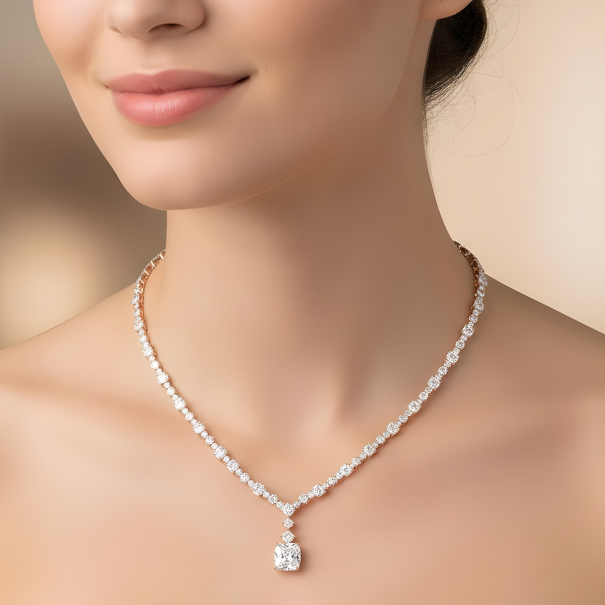18K White Gold Cushion Cut Diamond Drop Necklace 36.29ct