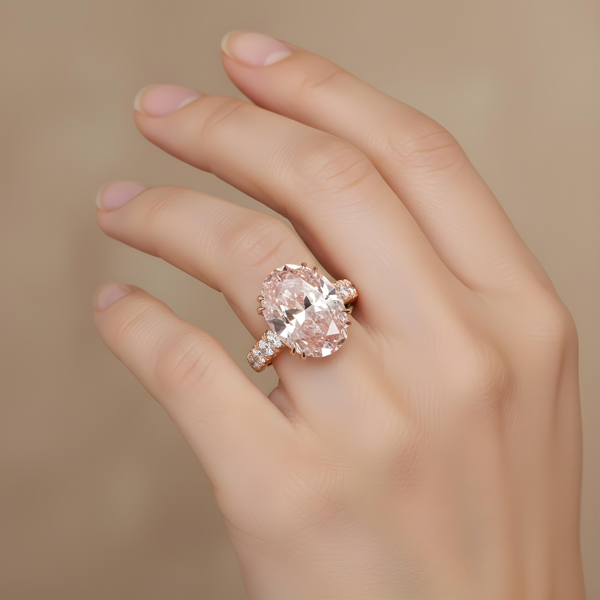 18K White Gold 10.30ct Oval Cut Fancy Vivid Pink Diamond Ring 12.40ctw