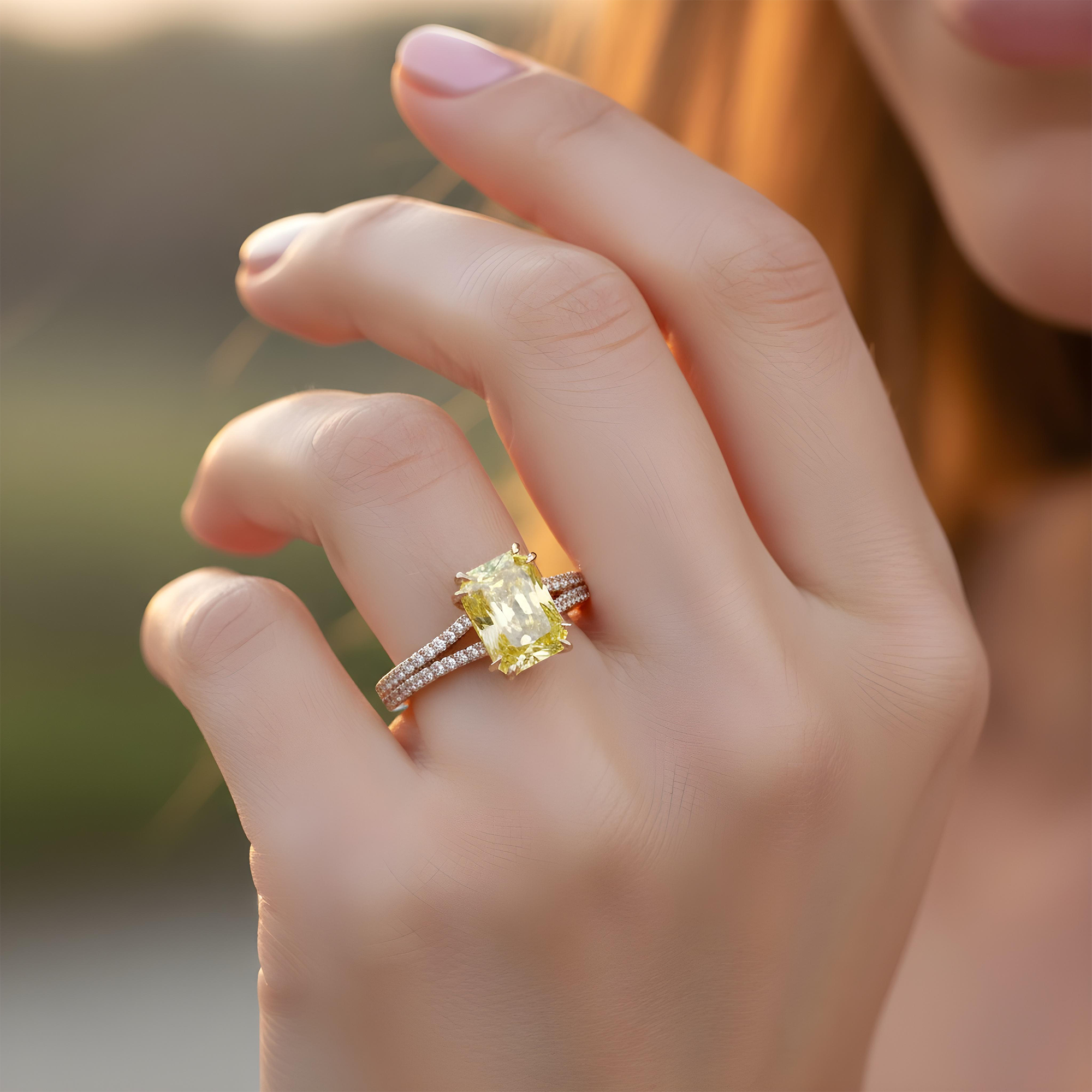 18K White Gold 3.32ct Radiant Cut Fancy Vivid Yellow Diamond Ring 3.83ctw