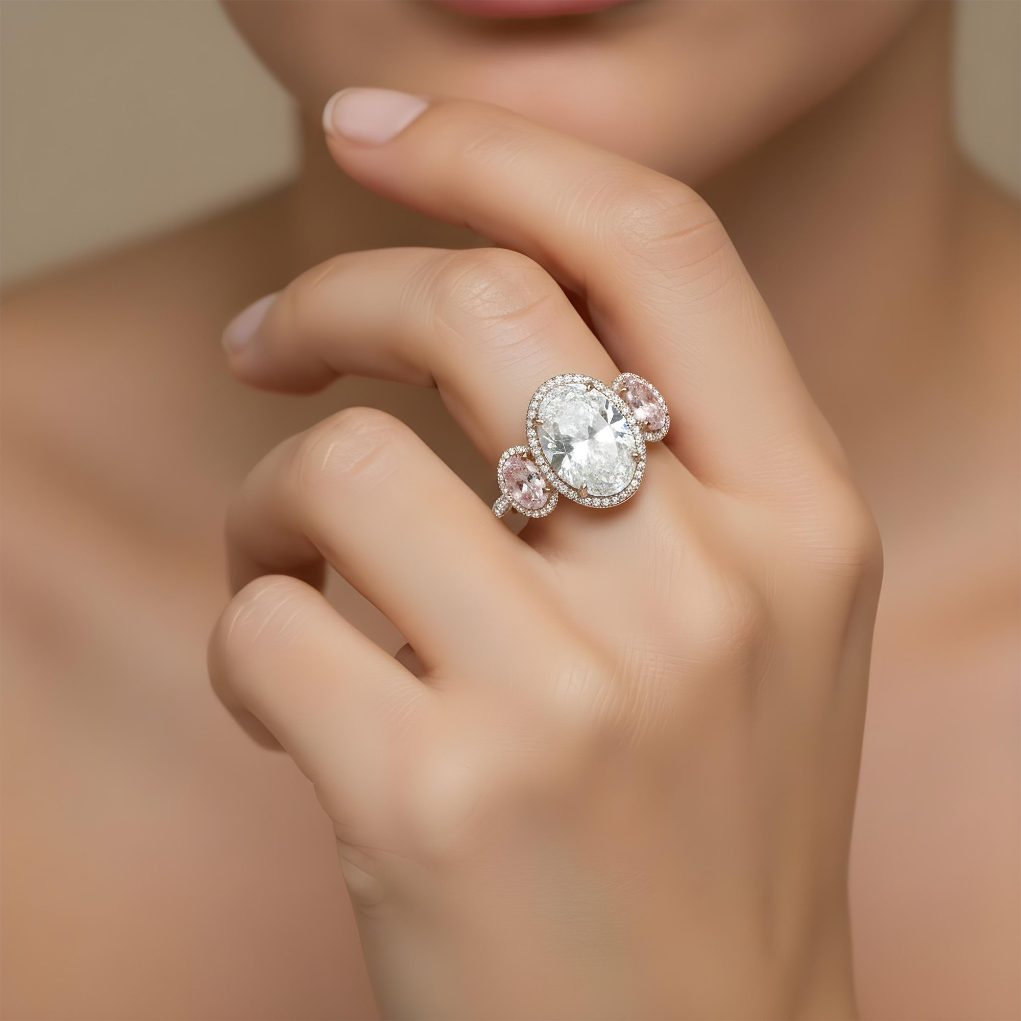 Platinum 10.61ct Oval Cut White & Fancy Pink Triple Diamond Ring 15.45ctw