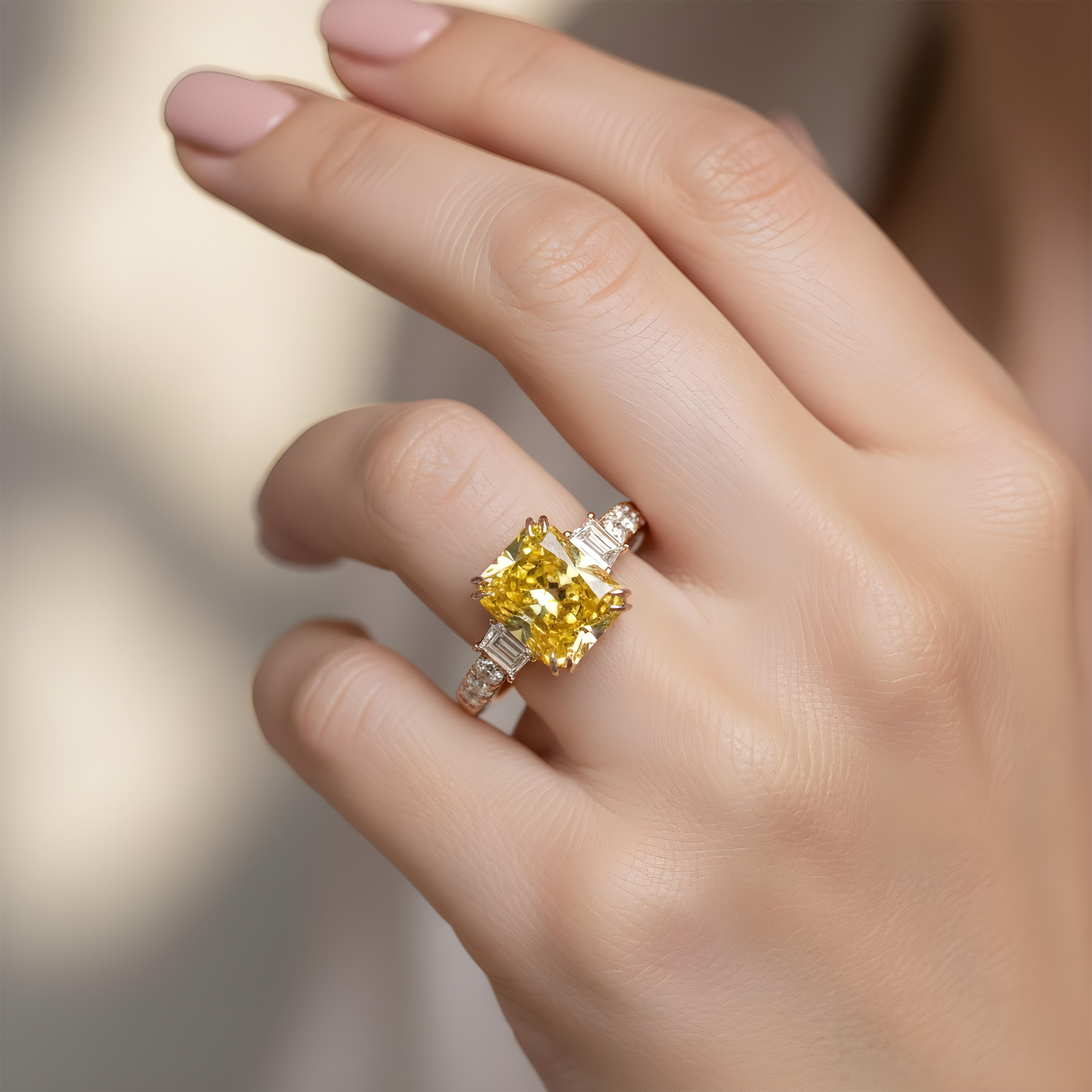18K Two Tone 5.75ct Radiant Fancy Yellow Diamond Ring 7.15ctw