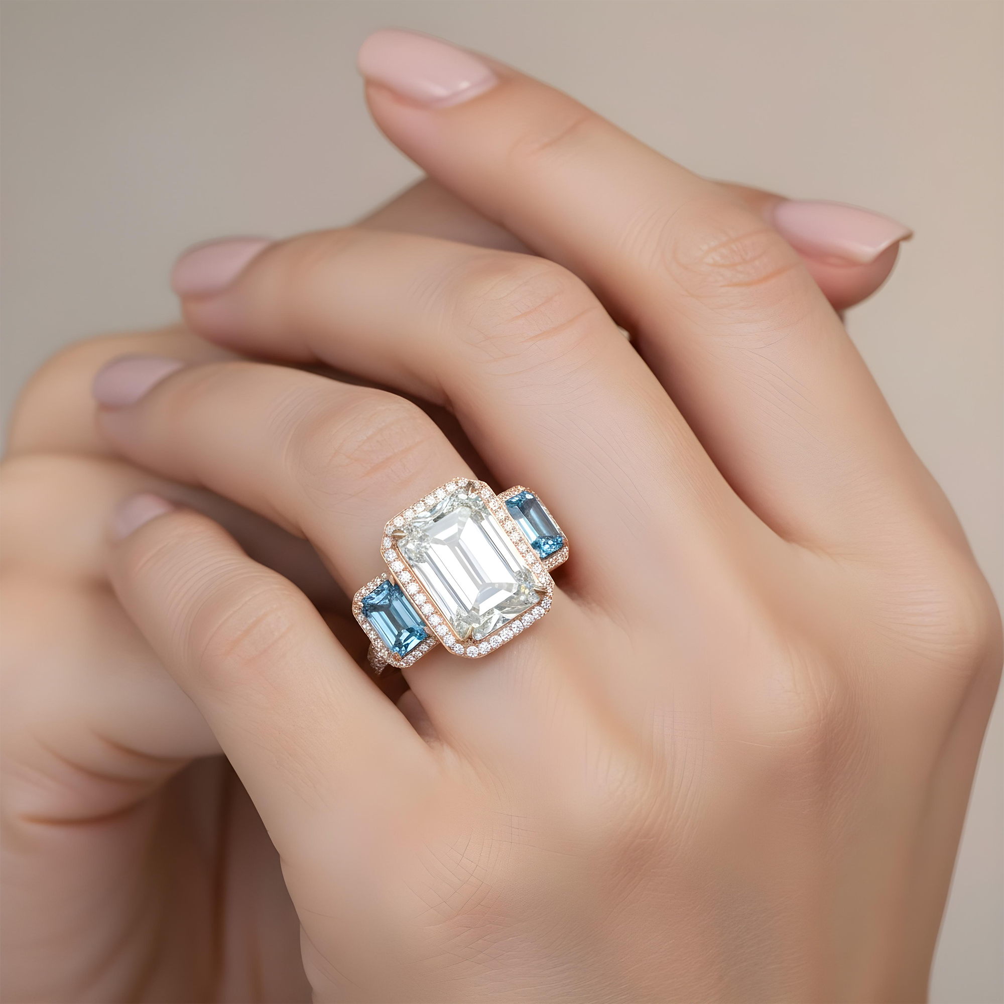 Platinum 10.0ct Emerald Cut White & Fancy Blue Triple Diamond Ring 13.83ctw