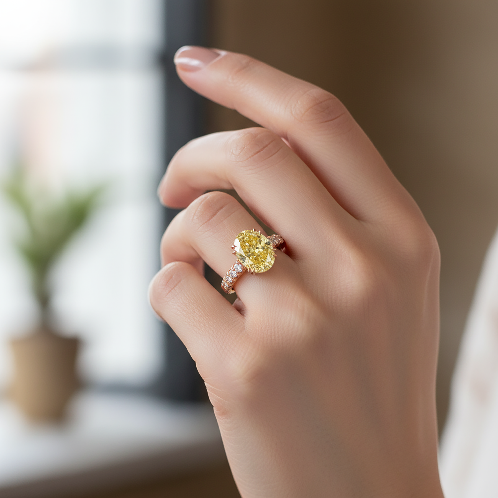 18K White Gold 11.57ct Oval Cut Fancy Yellow Diamond Ring 13.67ctw