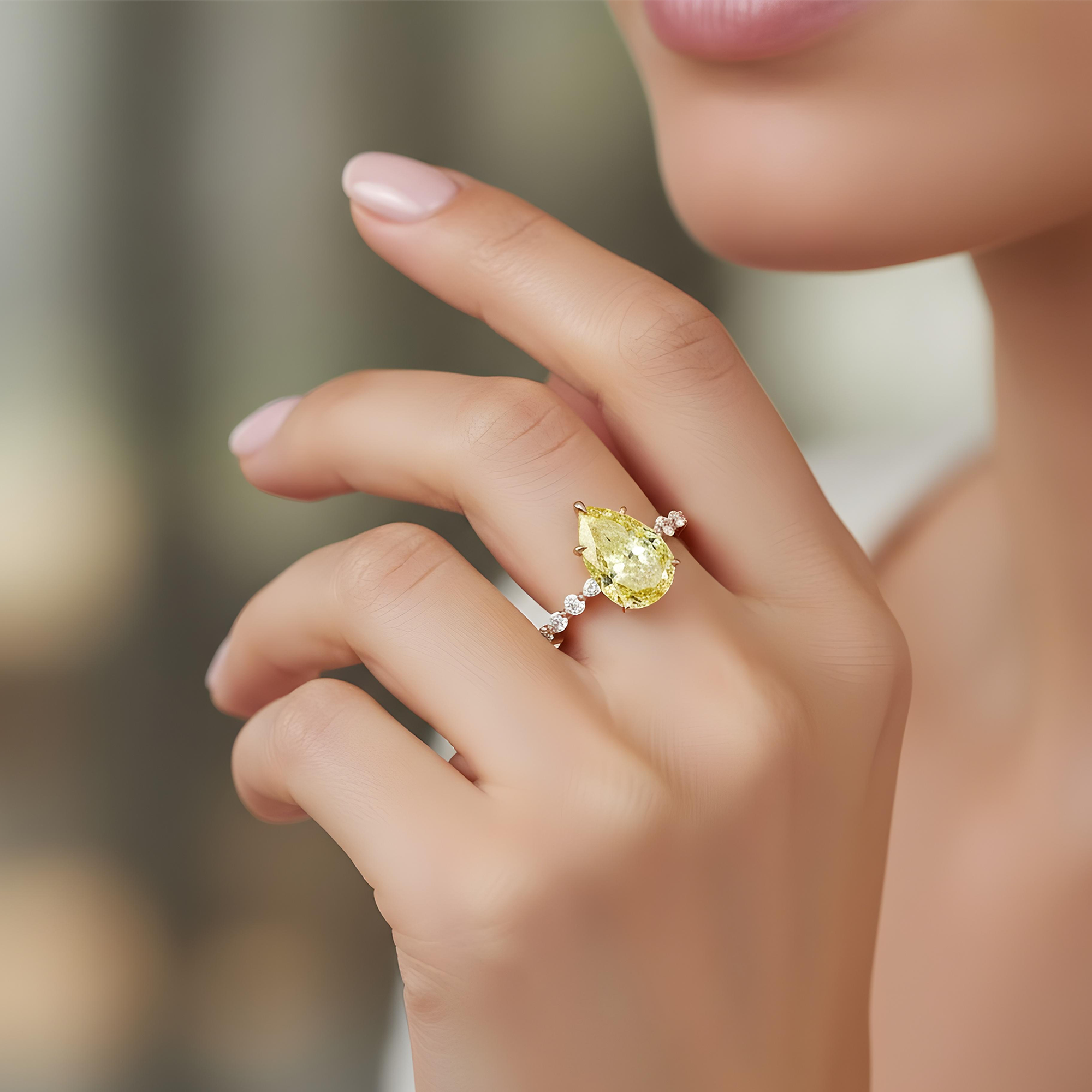 18K White Gold 5.44ct Pear Fancy Yellow Diamond Ring 6.49ctw