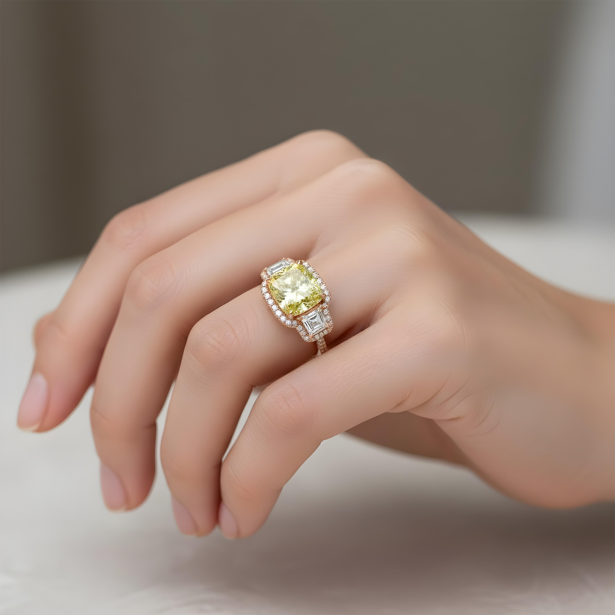 Platinum 12.45ct Cushion Cut Fancy Yellow Diamond Ring 15.44ctw