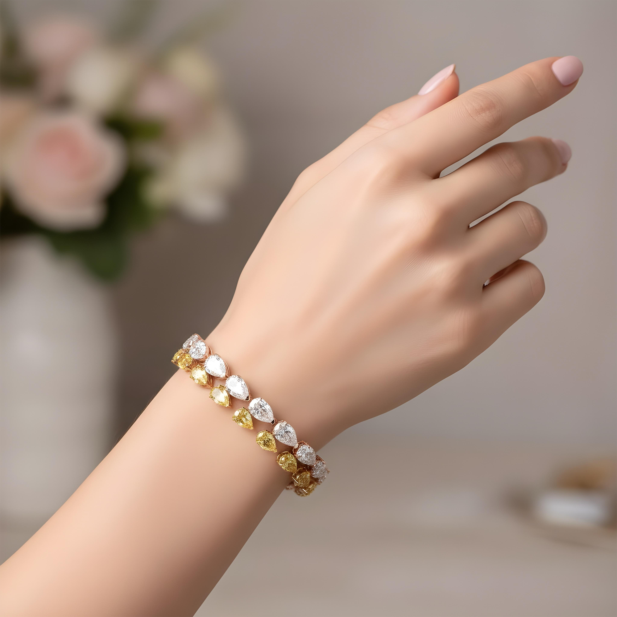 14K Two Tone Pear Cut Fancy Yellow & White Diamond Bracelet 33.38ct