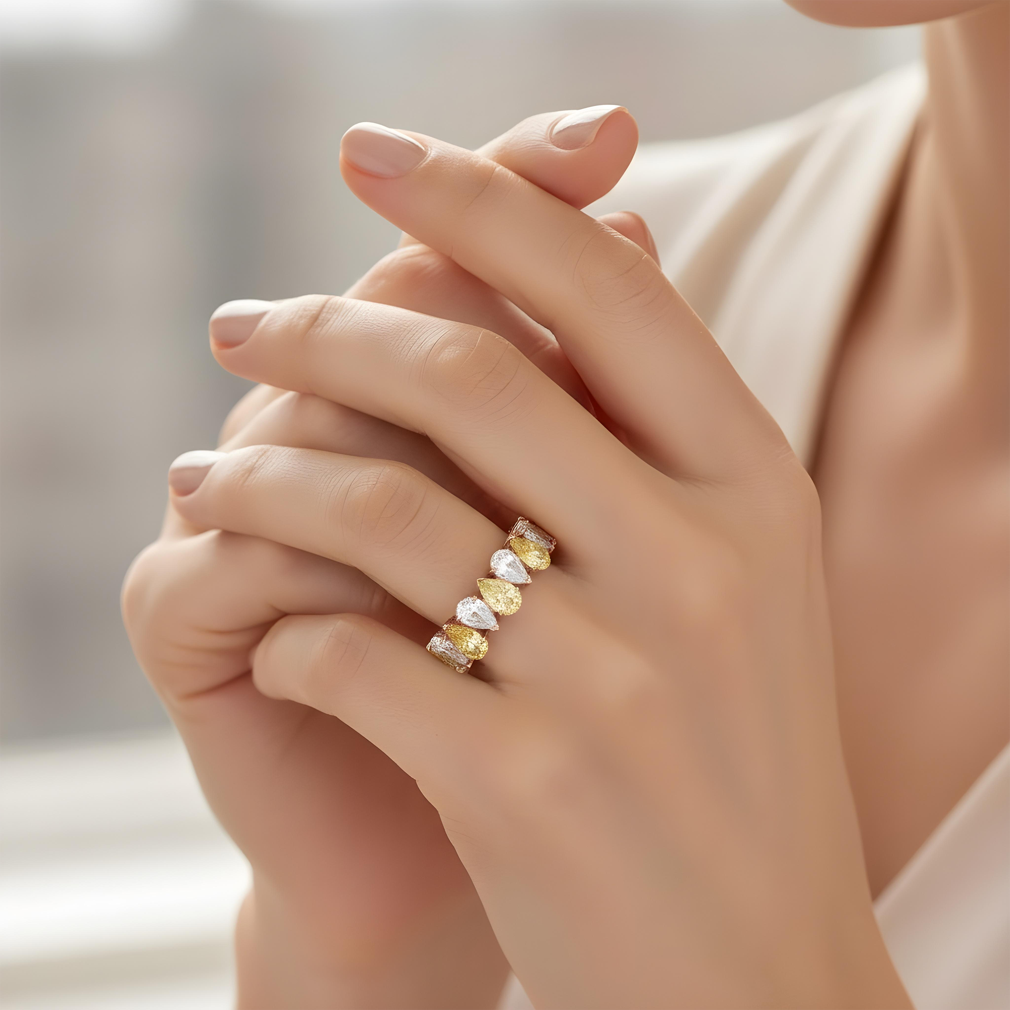 14K Two Tone Pear Cut Fancy Yellow & White Diamond Eternity Ring 8.31ct