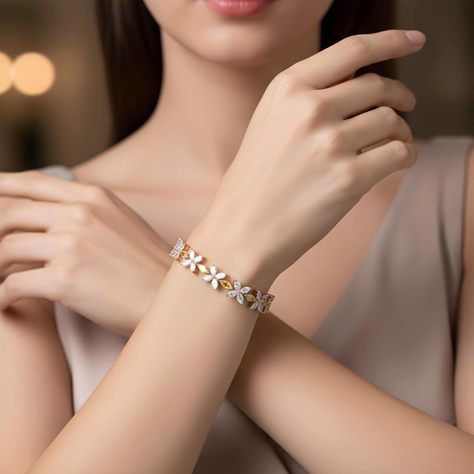 14K Two Tone Marquise Cut Fancy Yellow & White Diamond Bracelet 18.74ct