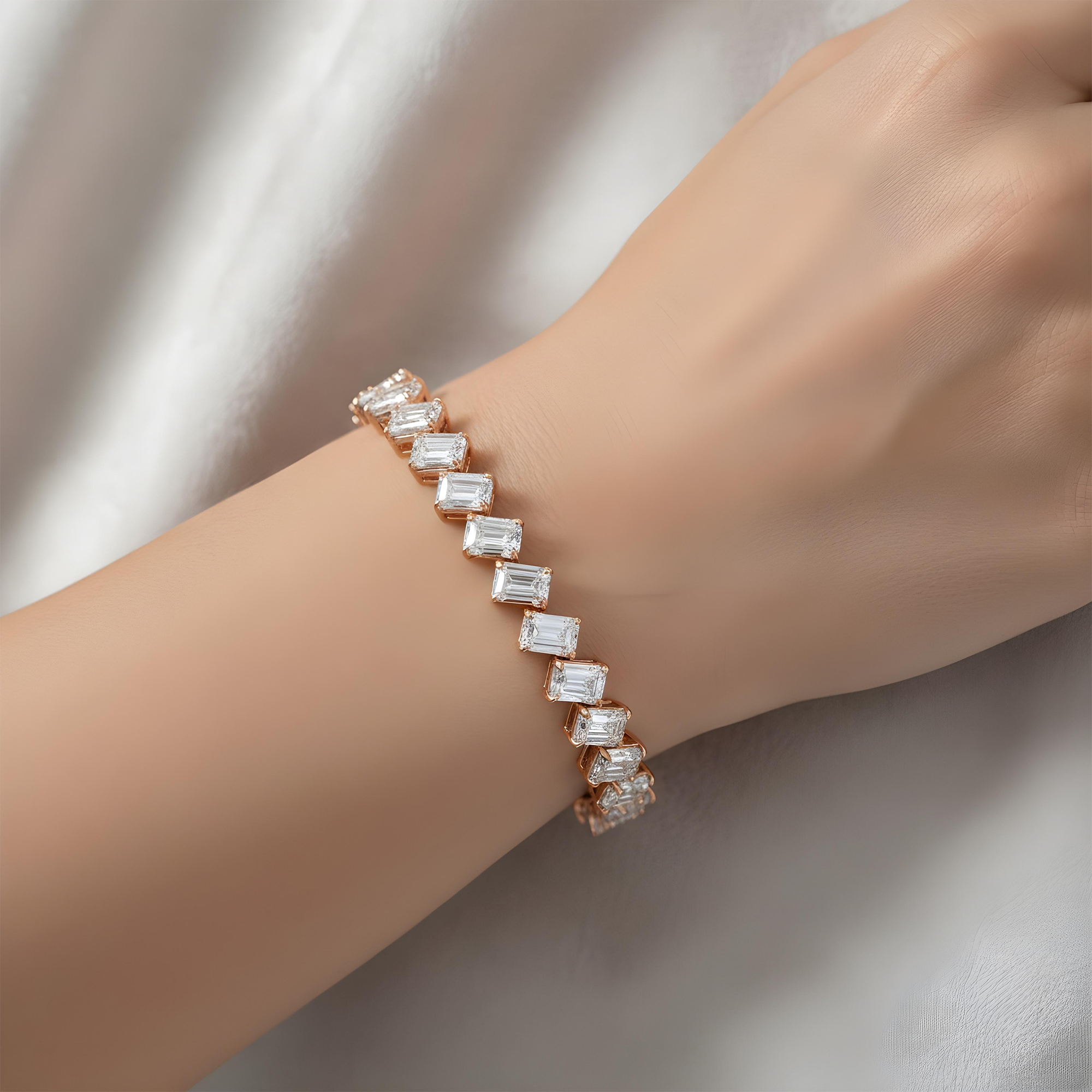 14K White Gold Emerald Cut Diamond Tennis Bracelet 14.39ct