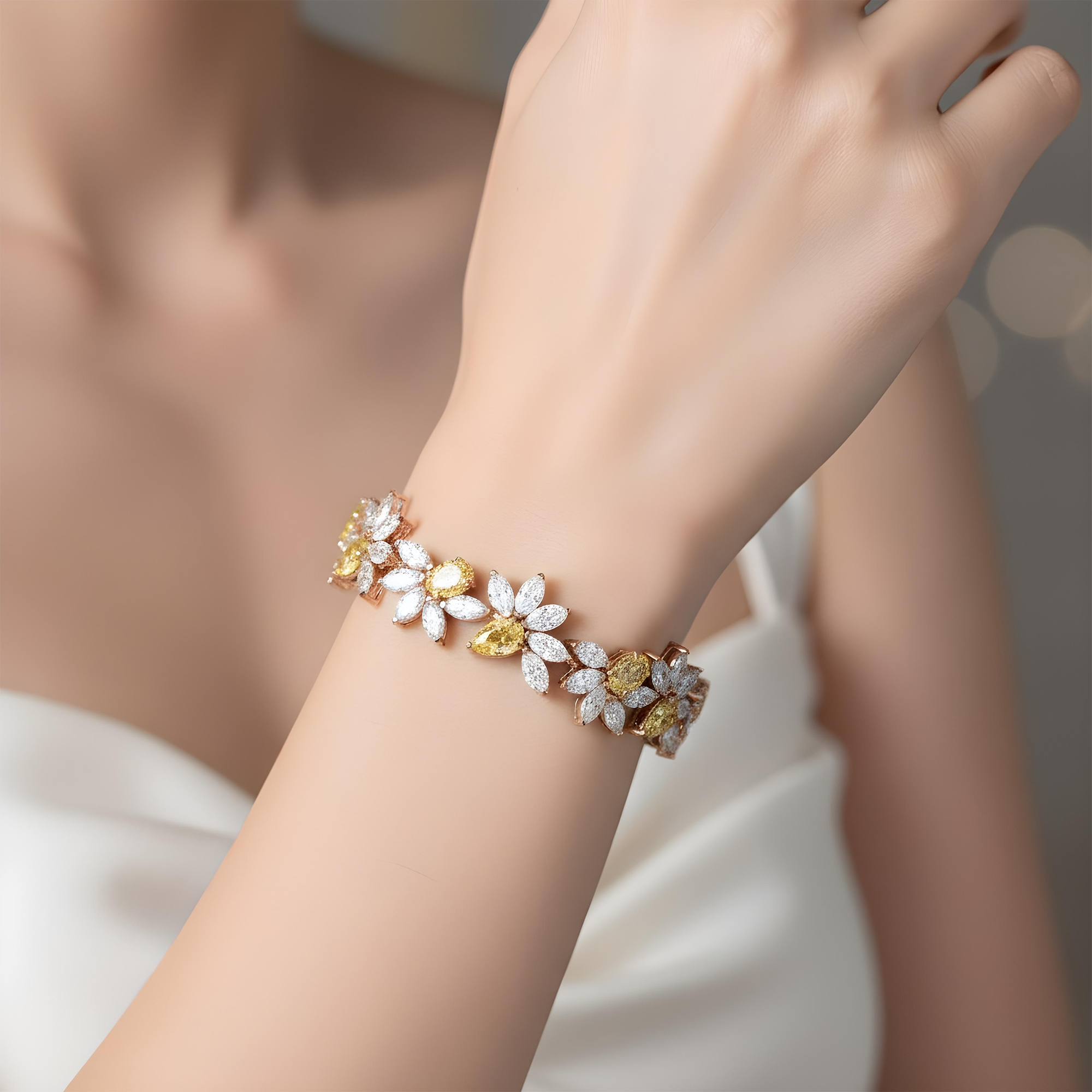 14K Two Tone Multi Cut Fancy Yellow & White Diamond Rose Bud Bracelet 26.54ct