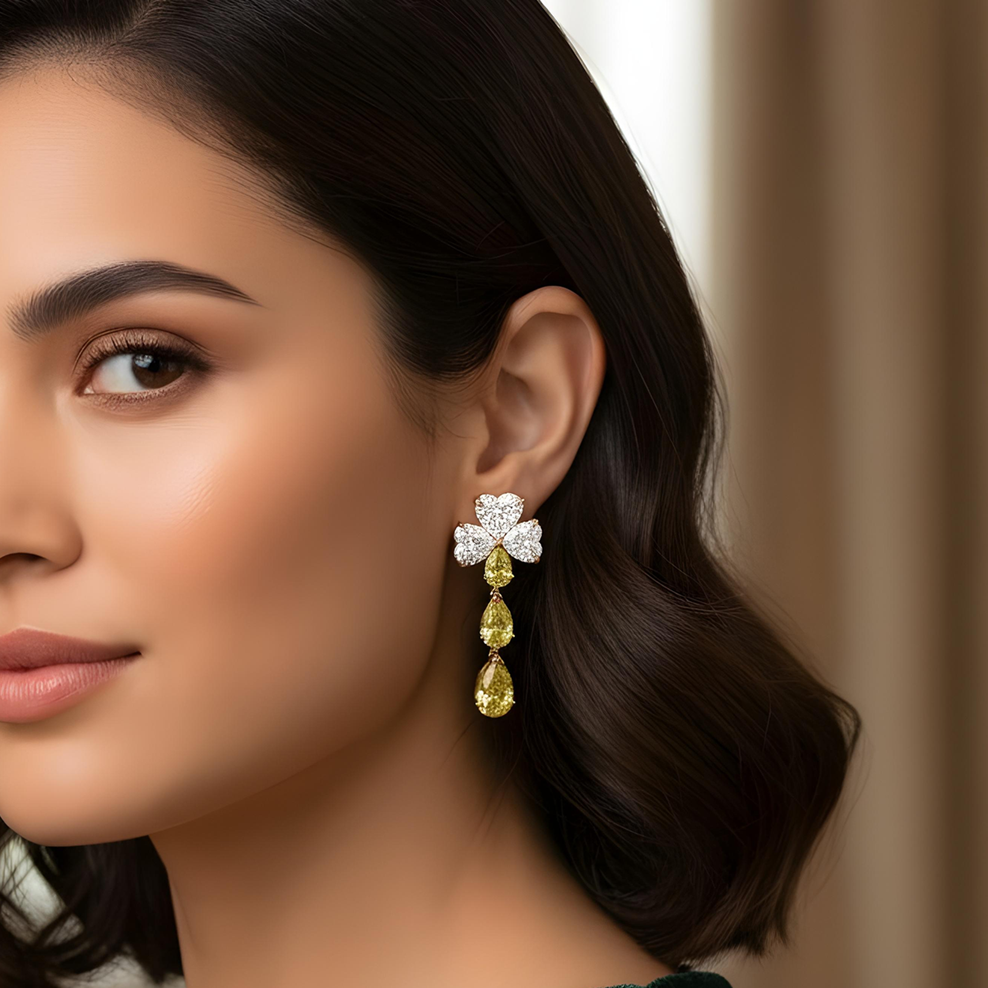 IGI 14K Two Tone White & Fancy Yellow Heart & Pear Diamond Earrings 13.72ct