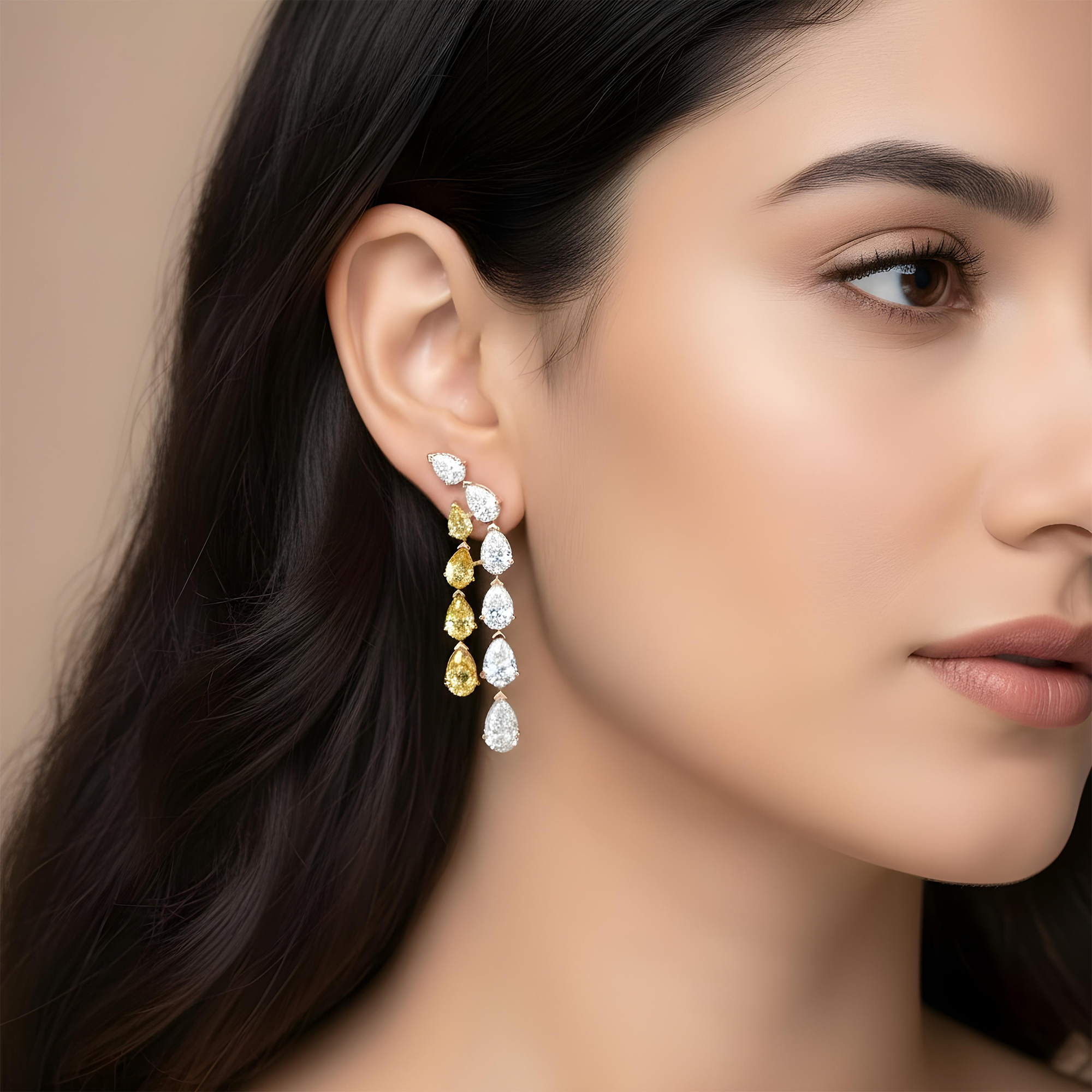 IGI 14K Two Tone Pear Cut Fancy Yellow & White Diamond Drop Earrings 14.32ctw