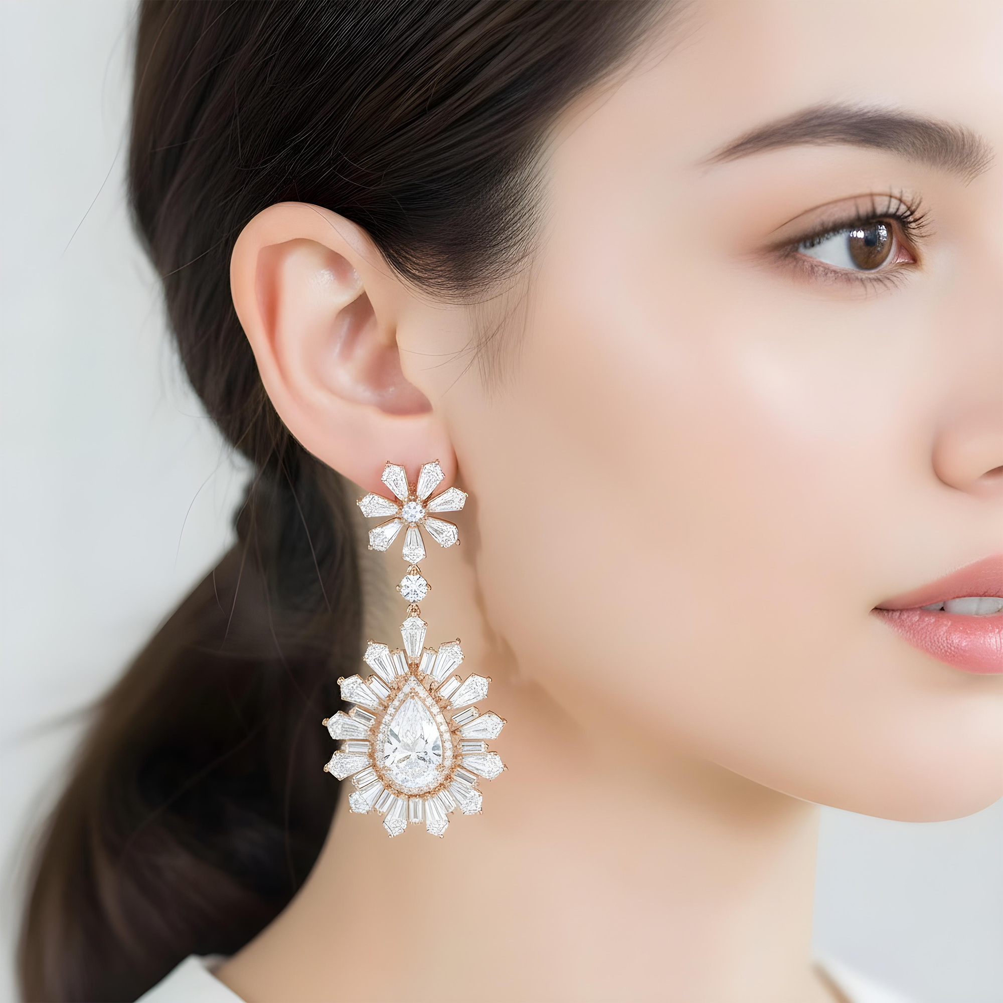 14K White Gold Multi Cut Diamond Goddess Drop Earrings 27.64ct (matching set)
