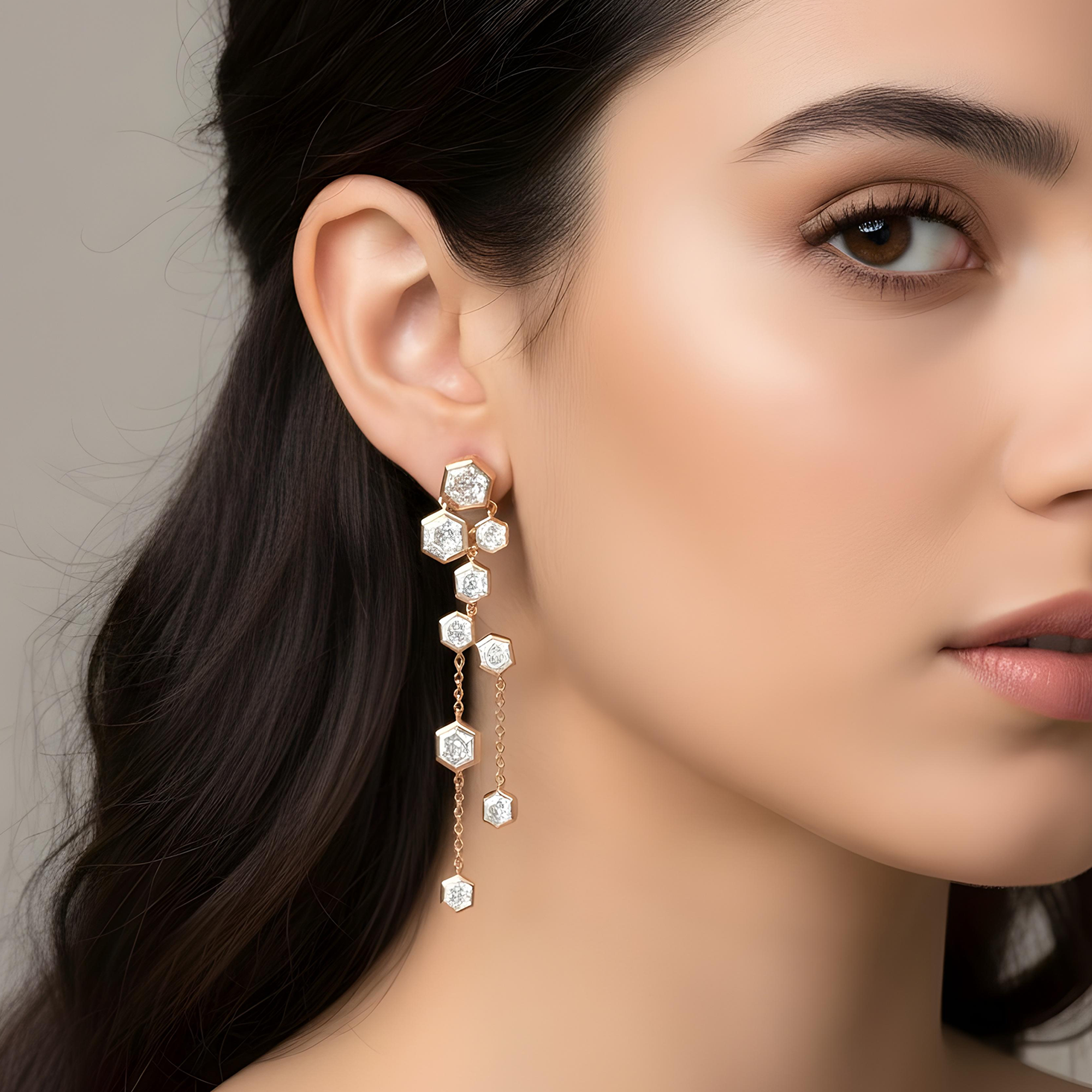 14K White Gold Hexagonal Diamond Geometric Drop Earrings 9.06ctw