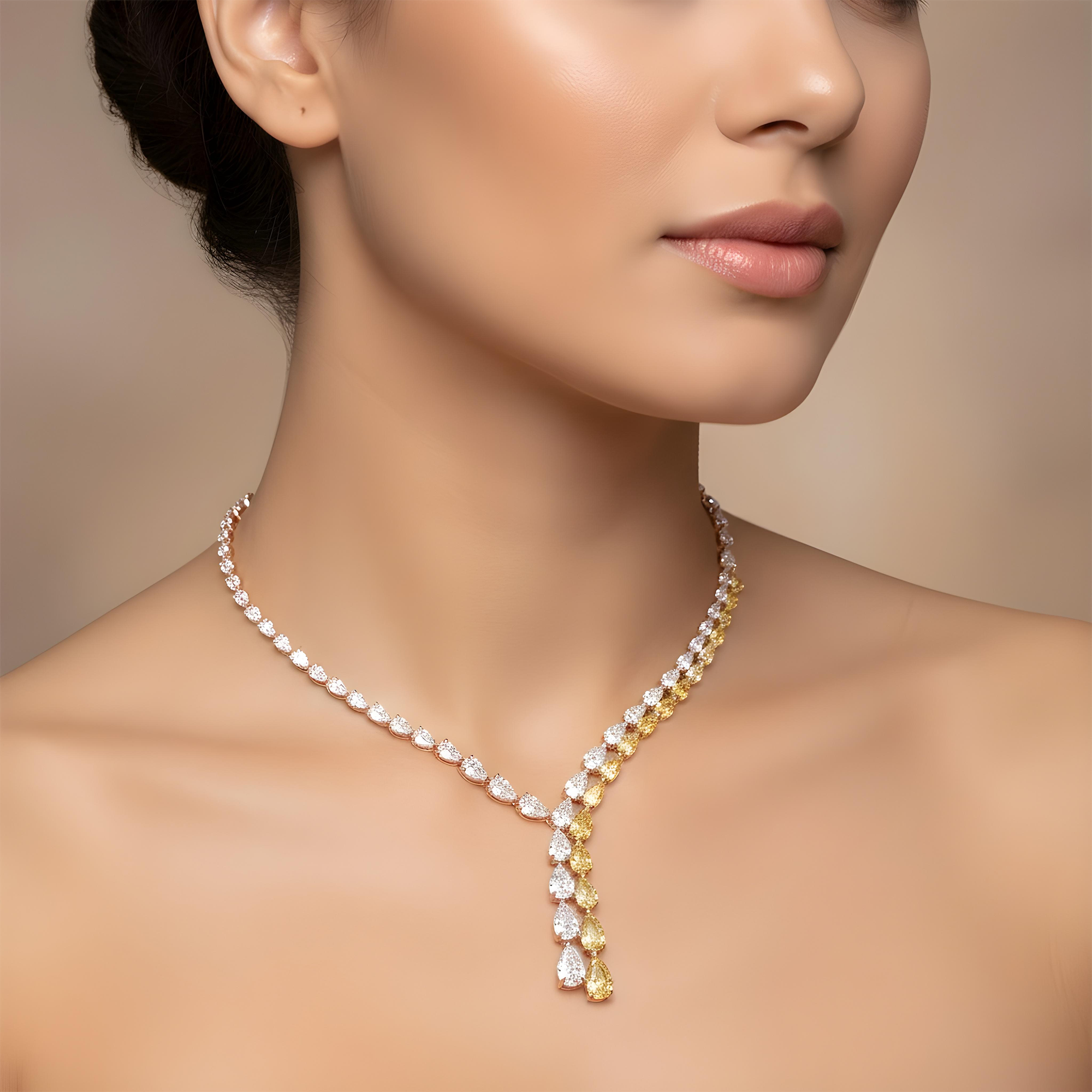 14K Two Tone Pear Cut Fancy Yellow Diamond Drop Necklace 35.20ct