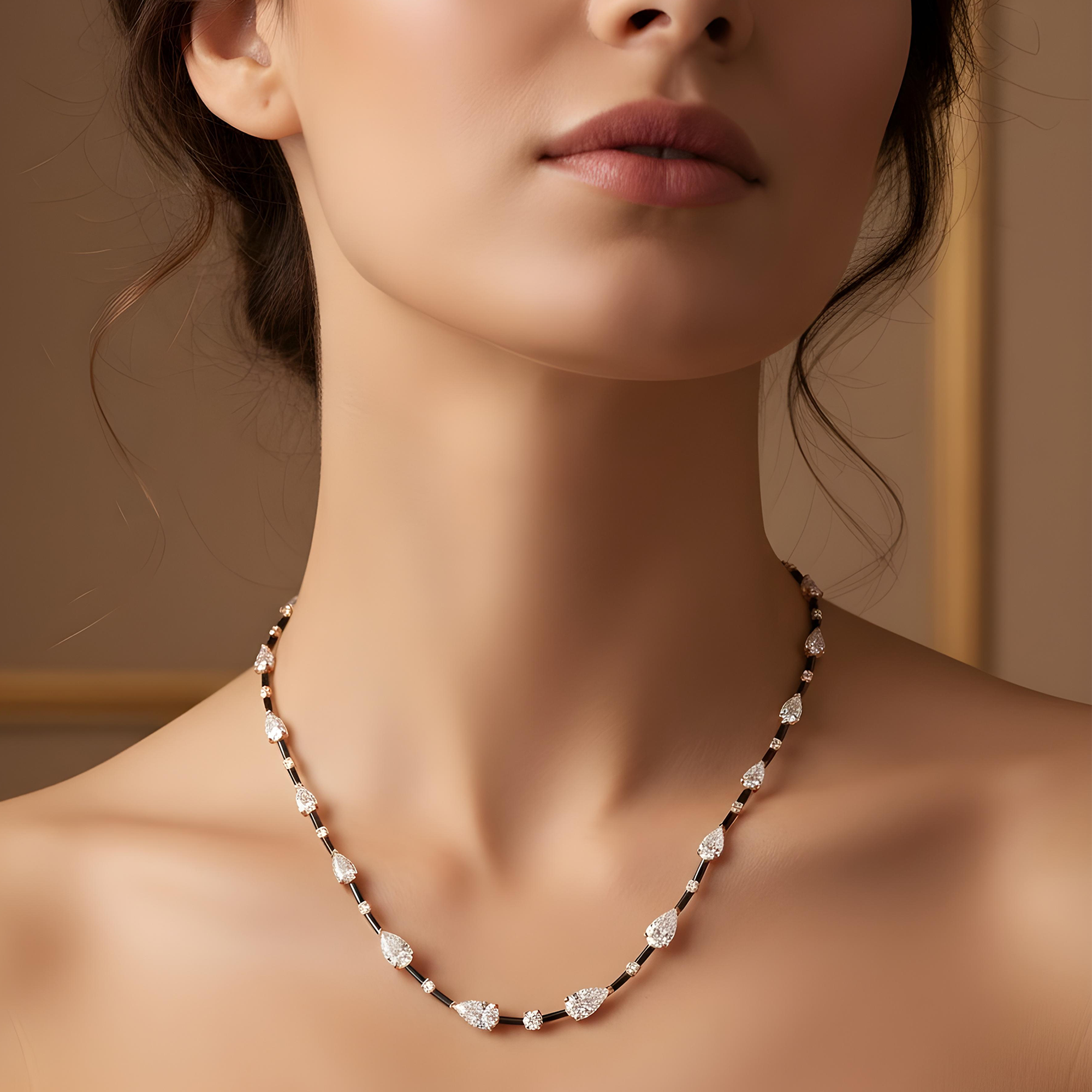 14K White Gold Pear & Round Cut Black Enamel Chain Necklace 15.06ct