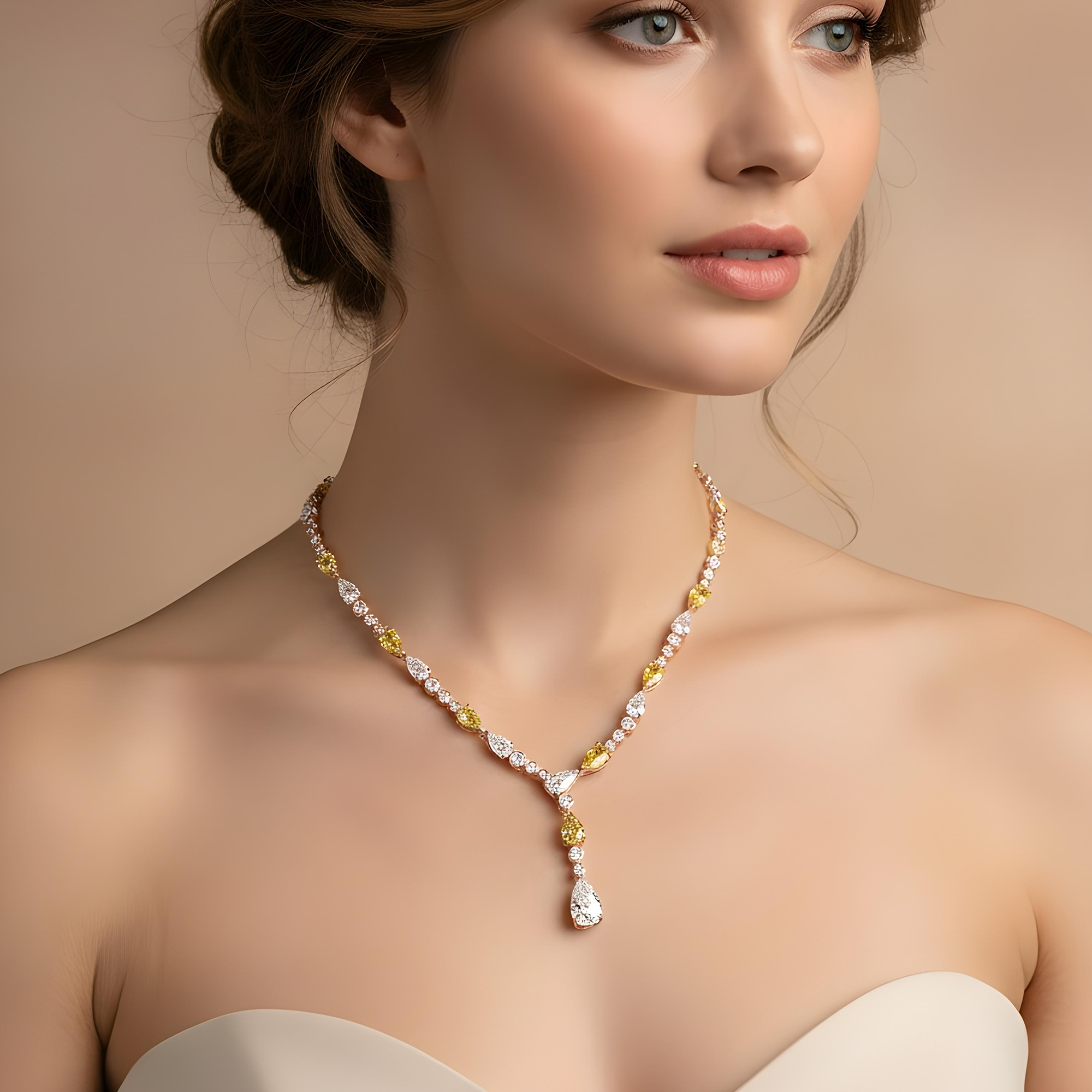 14K White Gold White & Fancy Yellow Diamond Drop Necklace 19.96ct