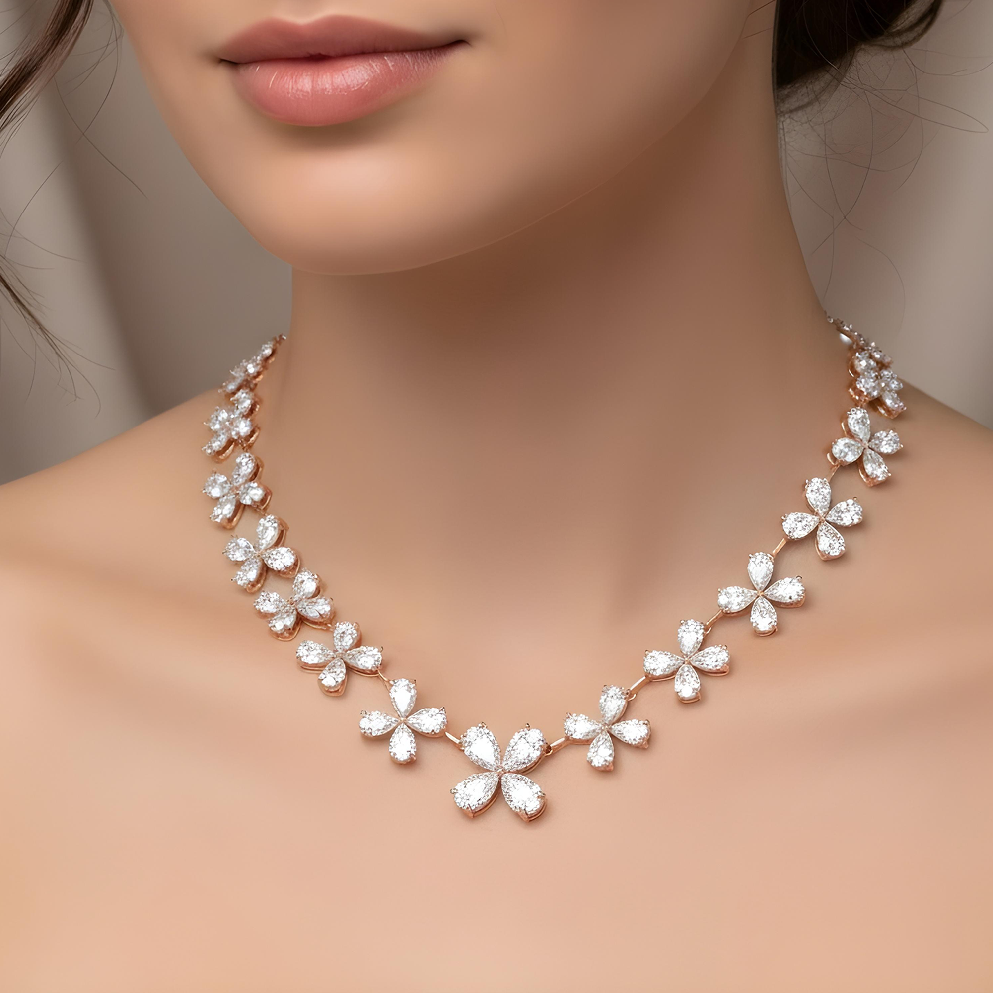 14K White Gold Pear Cut Diamond Graduated Flower Necklace 55.96ctw