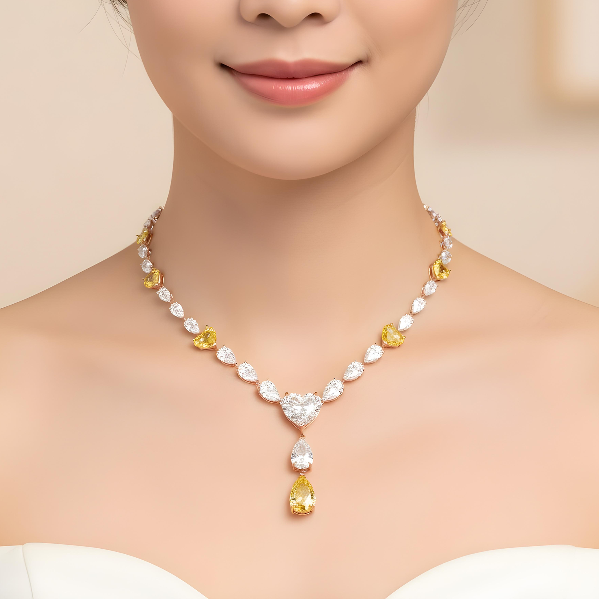 IGI 14K Two Tone Fancy Intense Yellow & White Diamond Drop Necklace 33.73ct