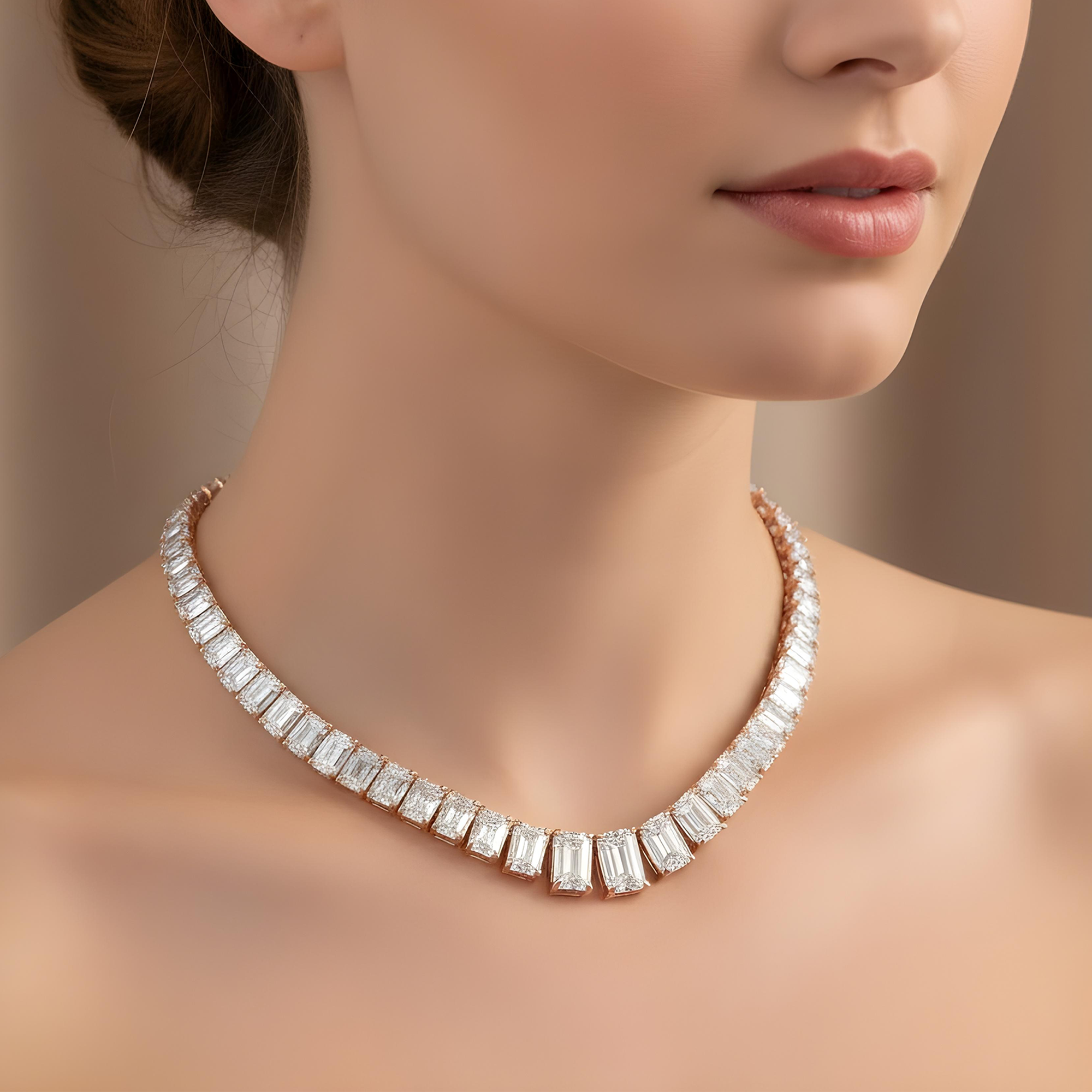 IGI 14K White Gold Graduated Radiant Cut Diamond Necklace 52.50ct