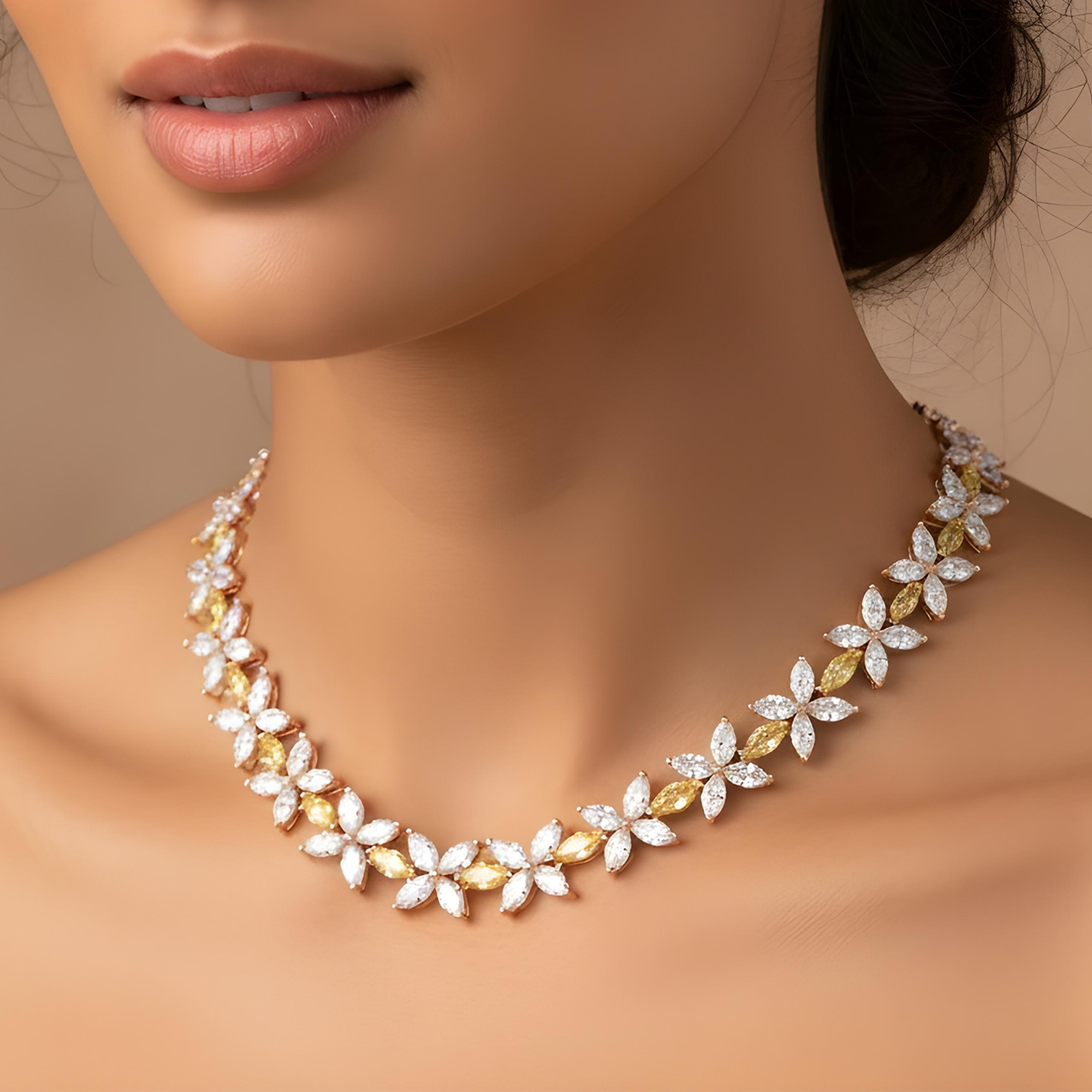 14K Two Tone Marquise Cut Diamond Flower Necklace 57.09ct
