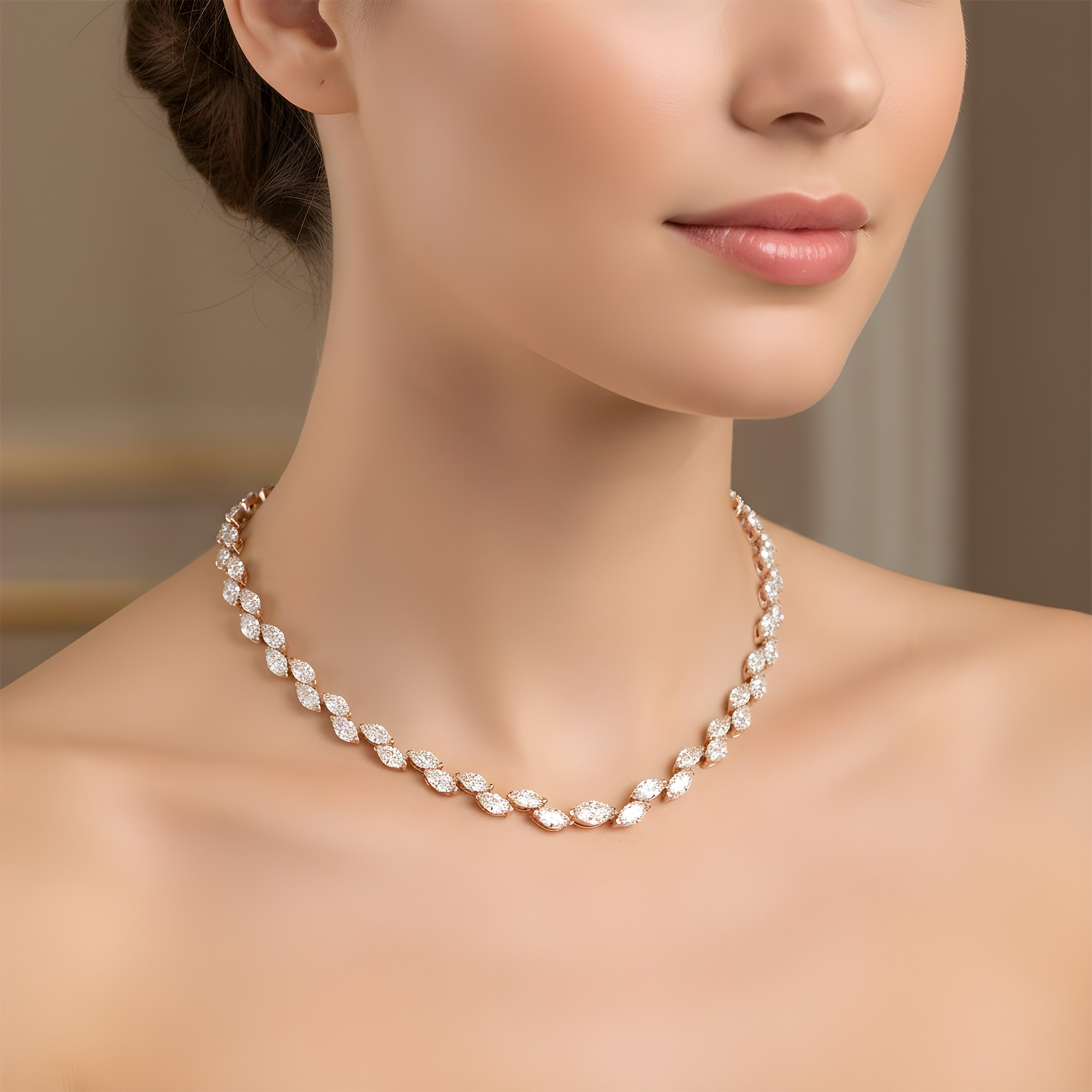14K White Gold Graduated Marquise Diamond Rosebud Tennis Chain 28.07ct