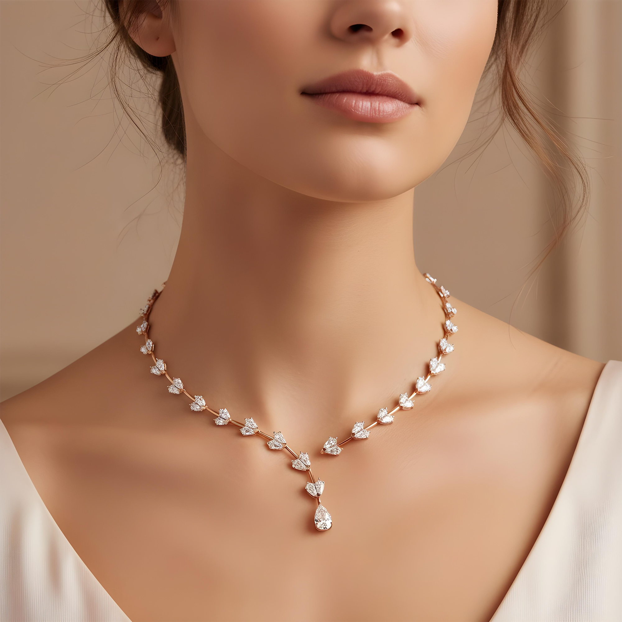 14K White Gold Pear & Step Cut Kite Diamond Satellite Drop Necklace 33.10ct