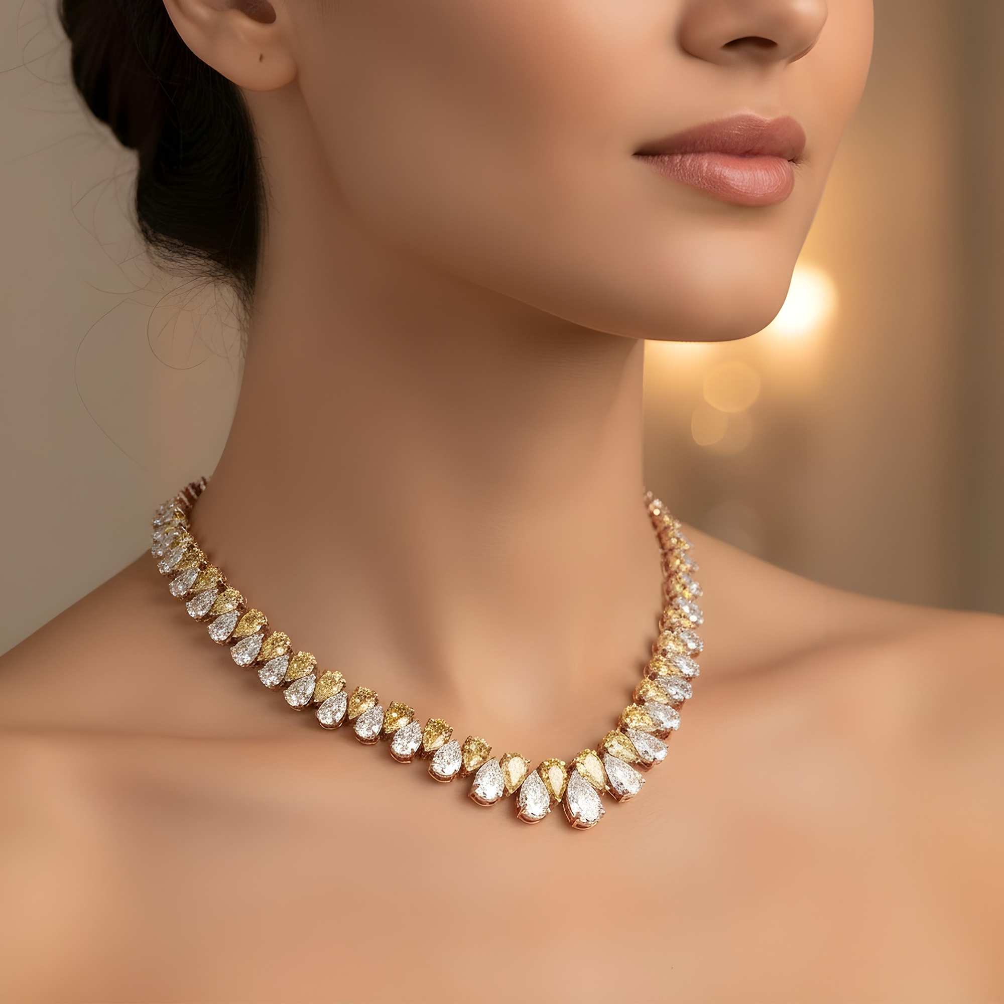 14K Two Tone Graduated Pear Cut Fancy Yellow & White Diamond Chain 45.77ct