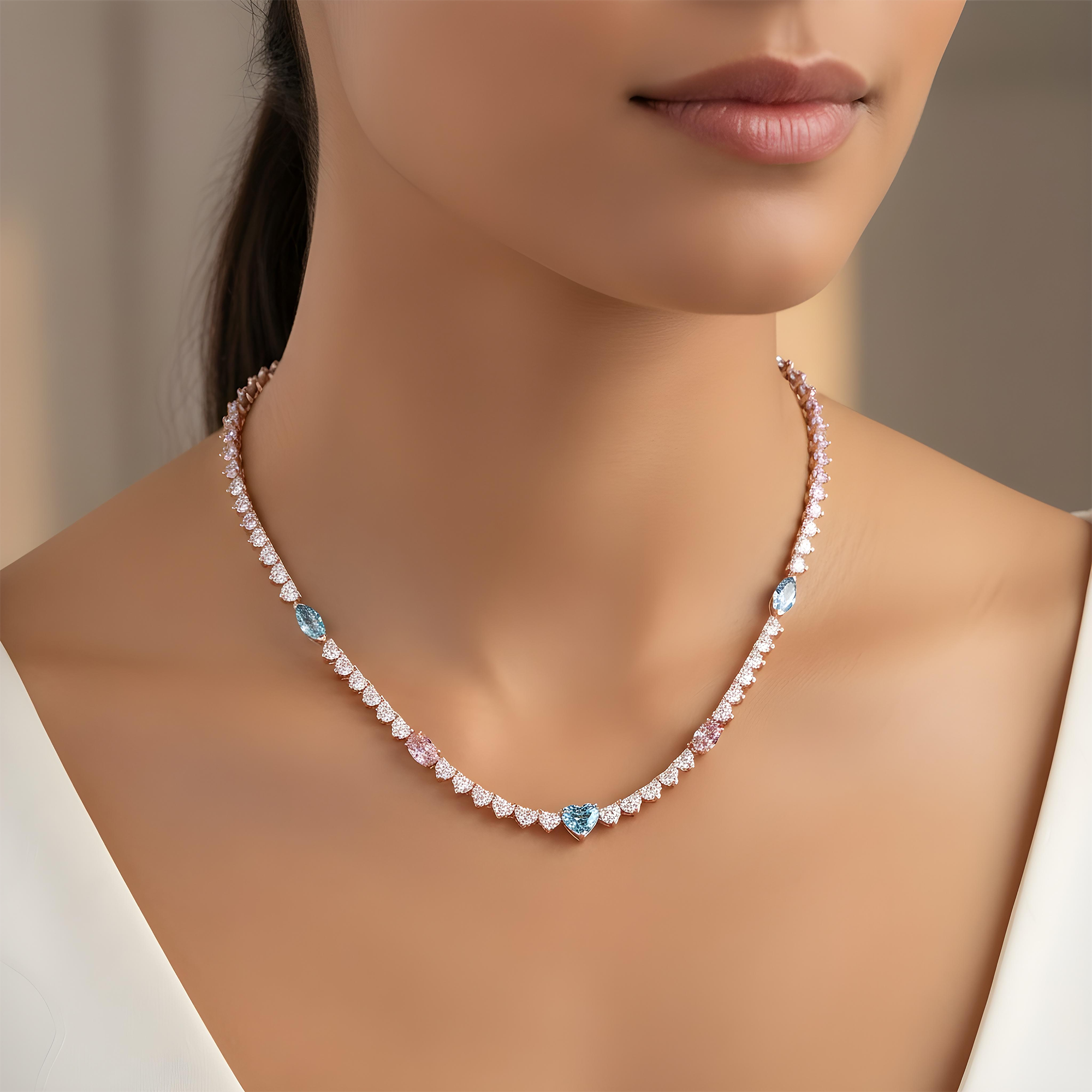 14K White Gold Multi Cut Fancy Pink & Blue Diamond Tennis Chain 28.40ct