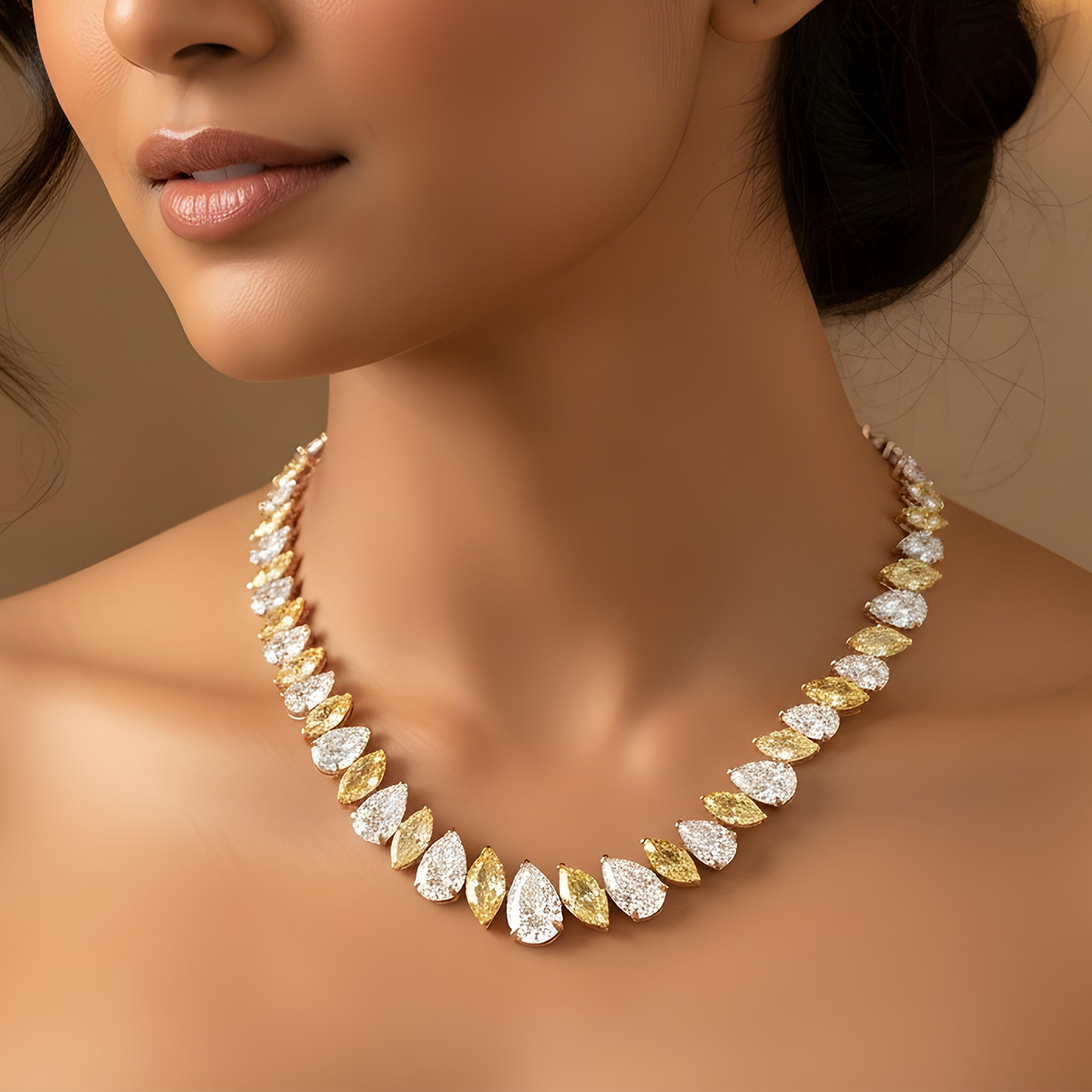 14K Two Tone Graduated Multi Cut Fancy Yellow & White Diamond Tennis Chain 51.73ct