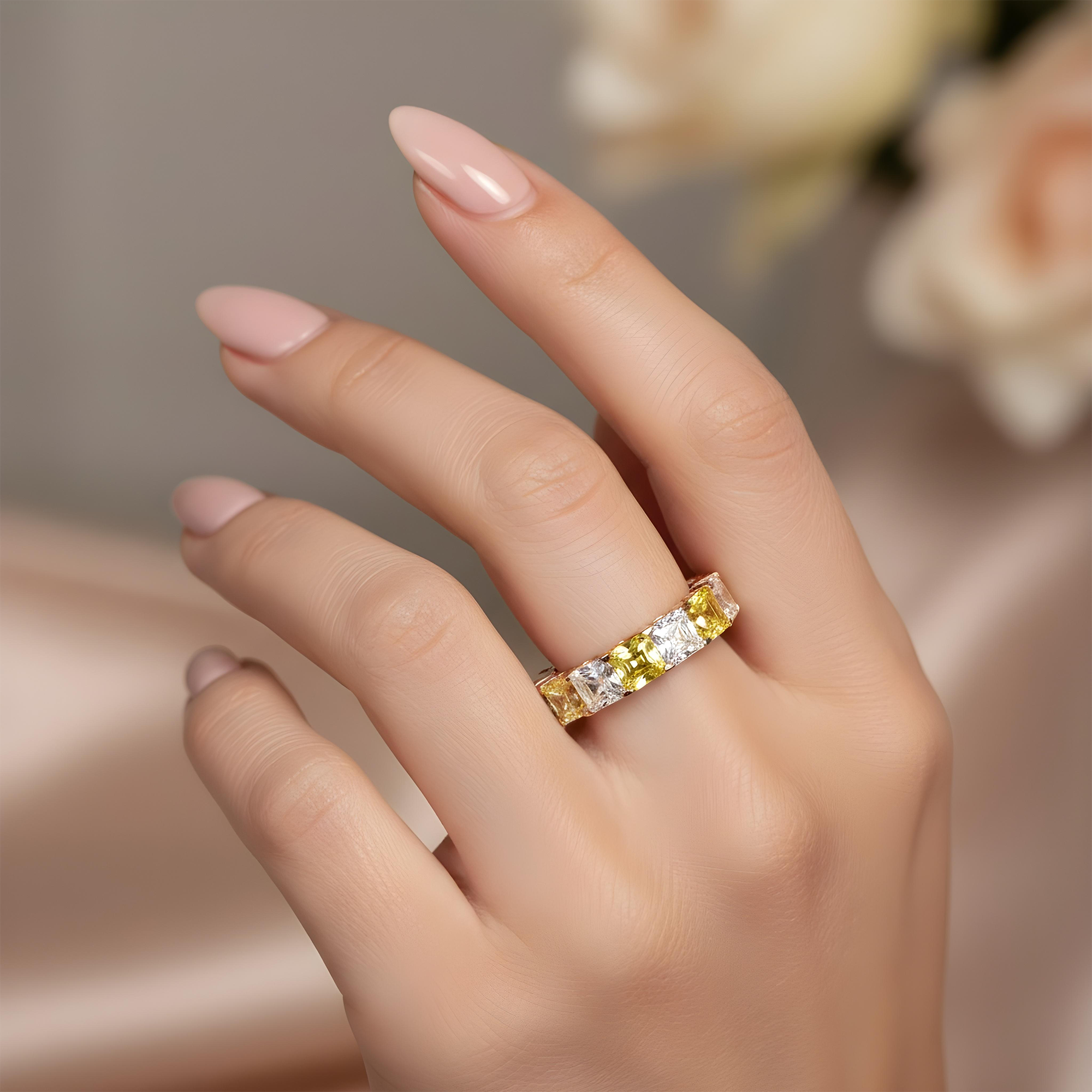 14K White Gold Asscher Cut Fancy Yellow & White Diamond Eternity Ring 8.21ct (Size 6.5)