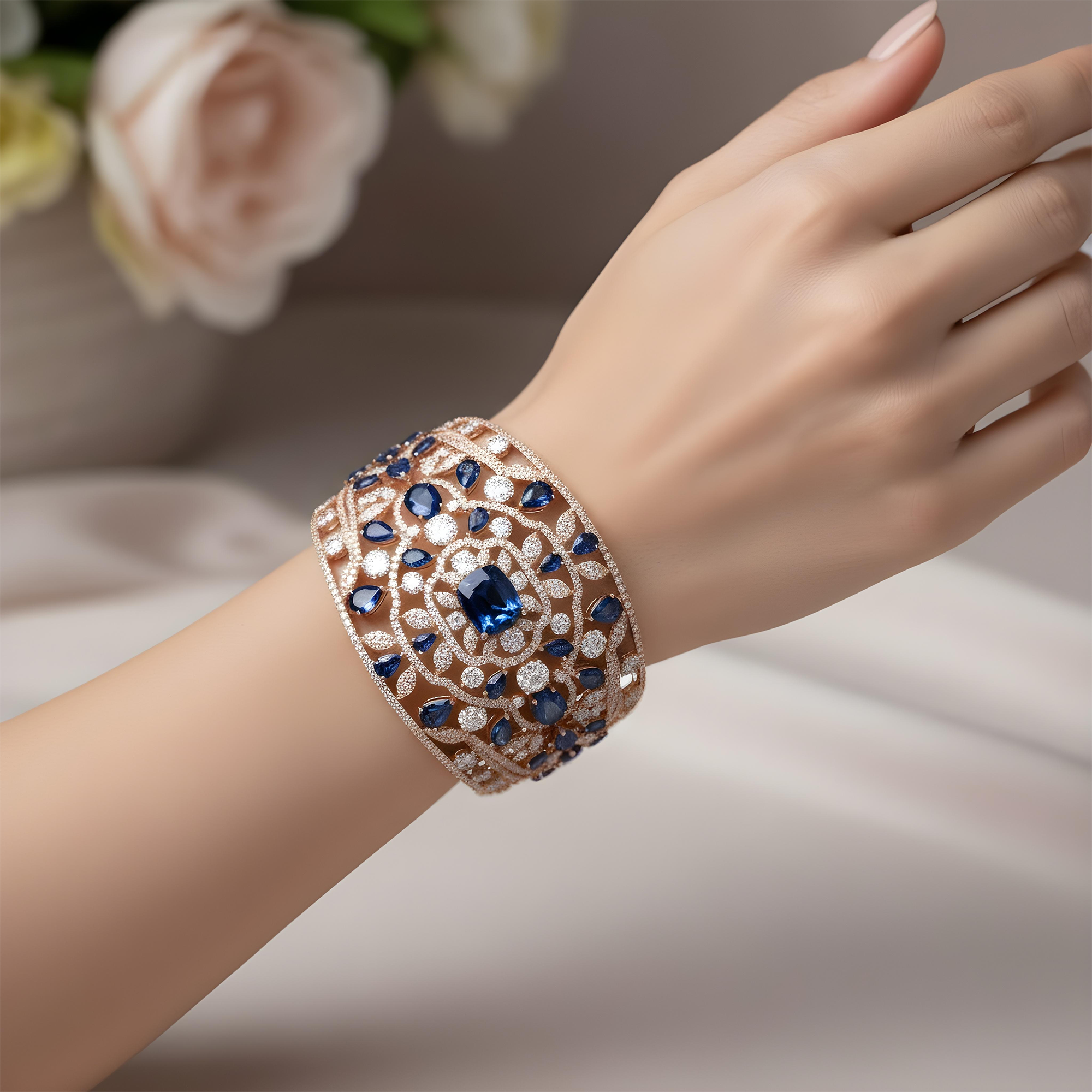 14K White Gold Round Diamond & Multi Cut Sapphire Cuff Bangle Bracelet 56.37ctw