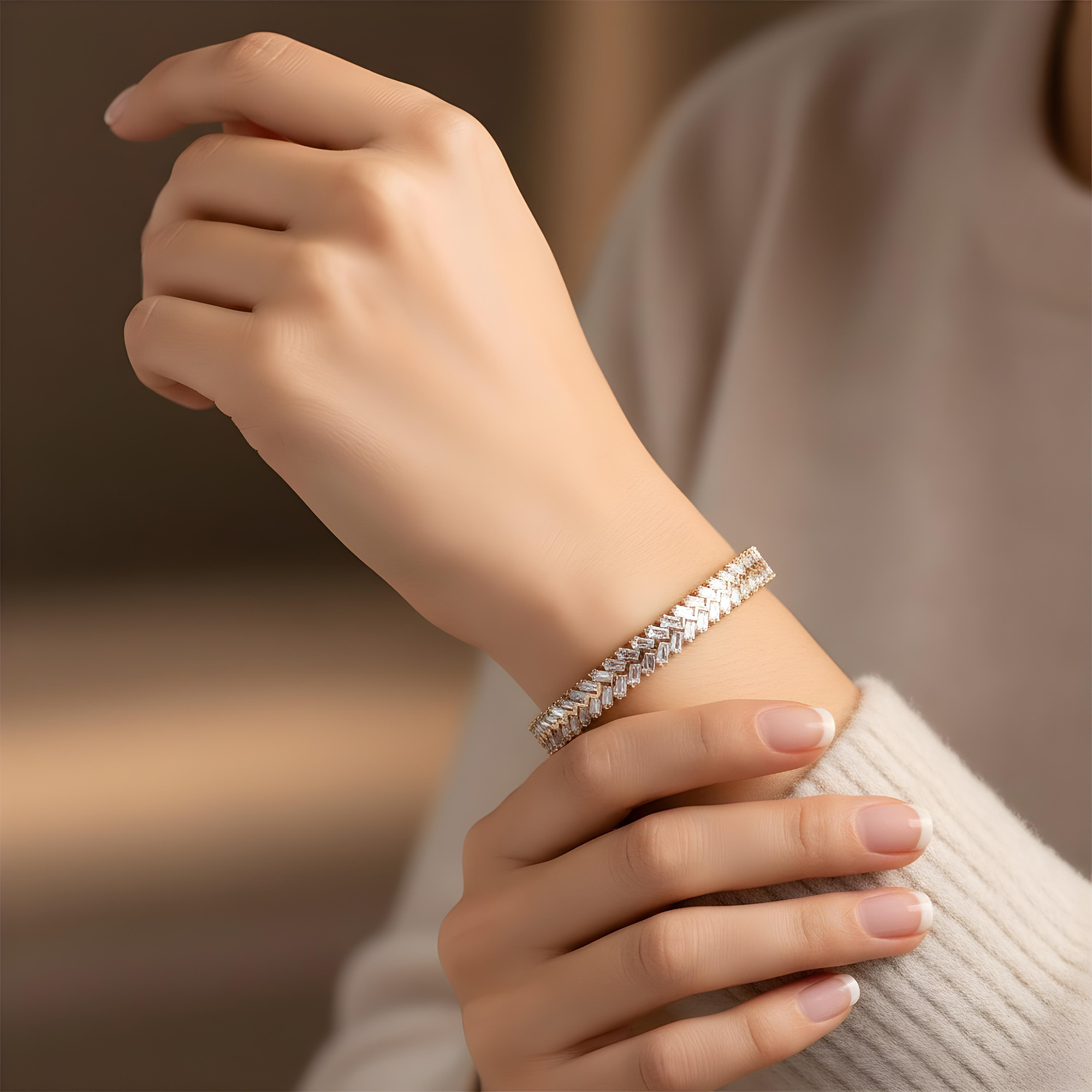 14K White Gold Baguette Diamond Bangle Bracelet 6.11ct