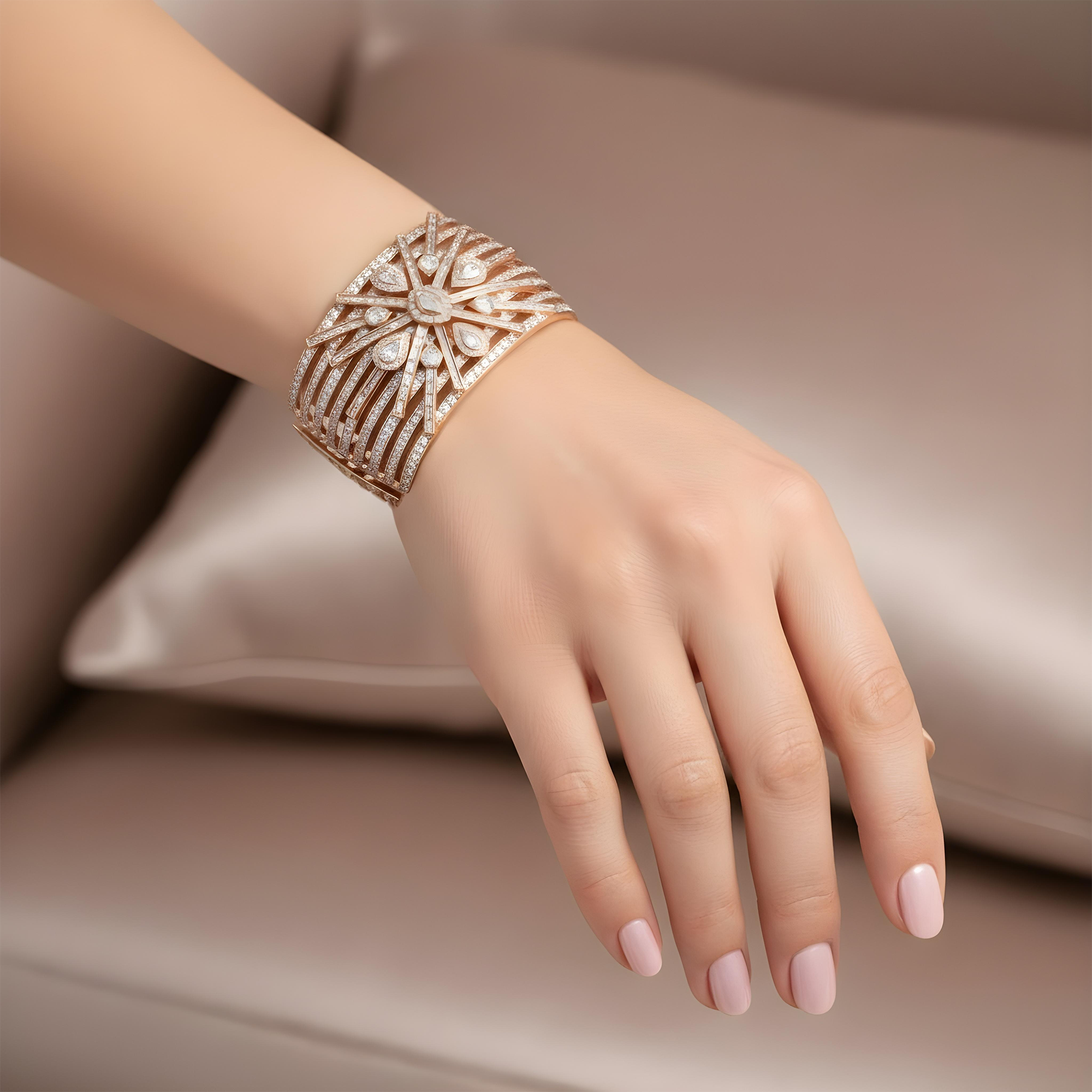 14K White Gold Multi Cut Cuff Bangle Bracelet 42.31ct