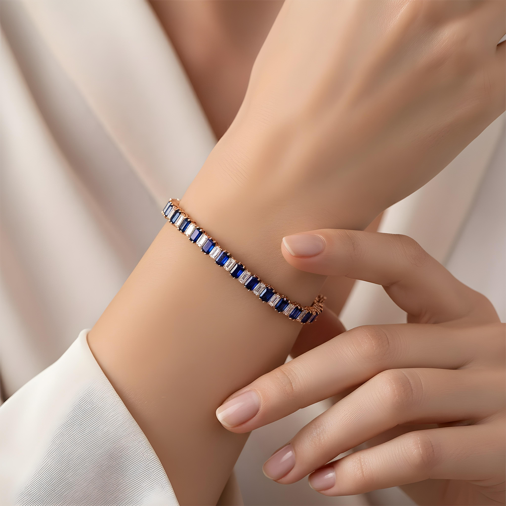 18K White Gold Emerald Cut Sapphire & Diamond Bracelet 17.20ctw